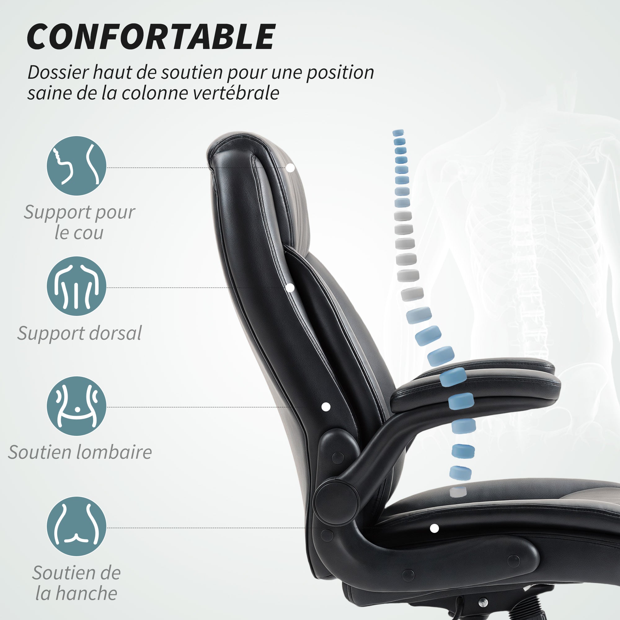 Chaise de bureau, fauteuil de bureau ergonomique avec accoudoirs relevables, hauteur réglable, fonction de bascule et pivotant à 360°, cuir synthétique, pour chambre, télétravail, noir