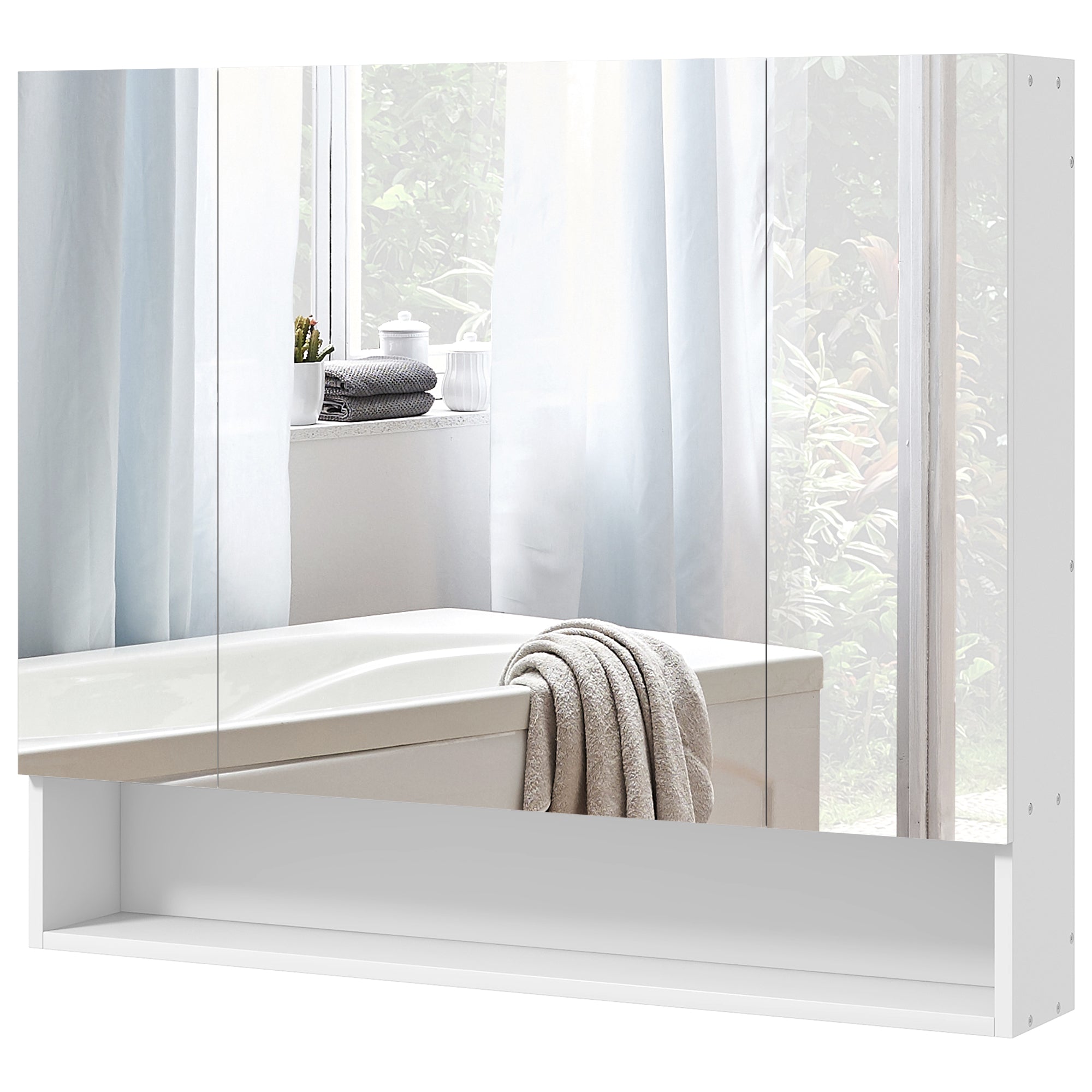Armoire murale salle de bain avec miroir, 90 x 15 x 75 cm, meuble salle de bain, armoire de toilette avec 3 portes miroir, compartiment ouvert et étagères réglables, blanc