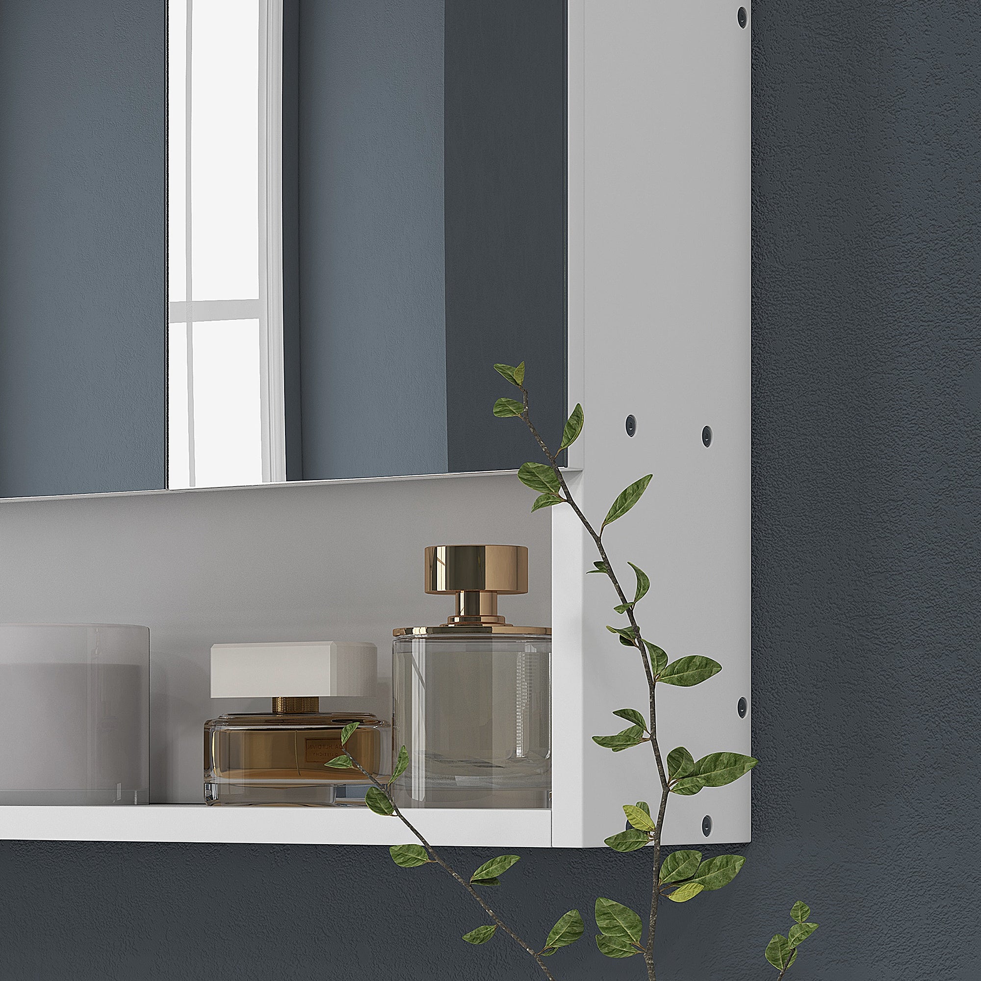 Armoire murale salle de bain avec miroir, 90 x 15 x 75 cm, meuble salle de bain, armoire de toilette avec 3 portes miroir, compartiment ouvert et étagères réglables, blanc