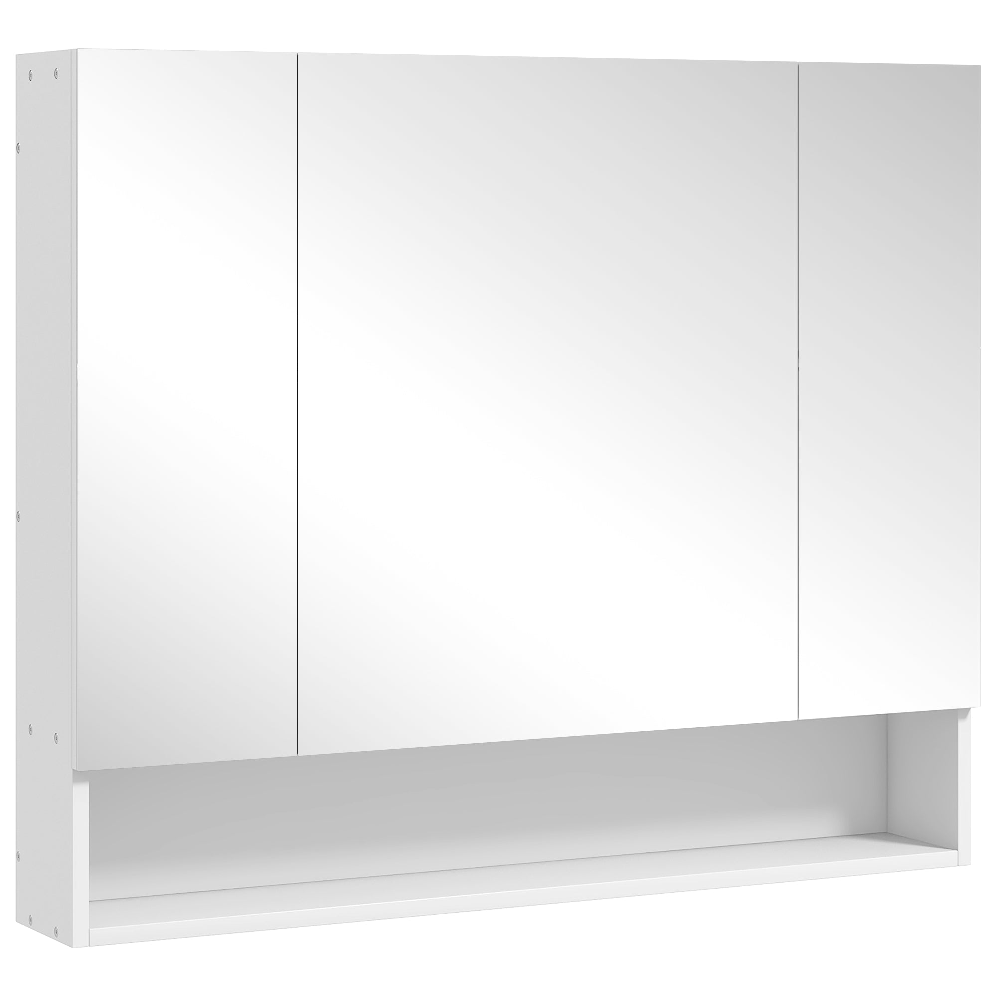 Armoire murale salle de bain avec miroir, 90 x 15 x 75 cm, meuble salle de bain, armoire de toilette avec 3 portes miroir, compartiment ouvert et étagères réglables, blanc
