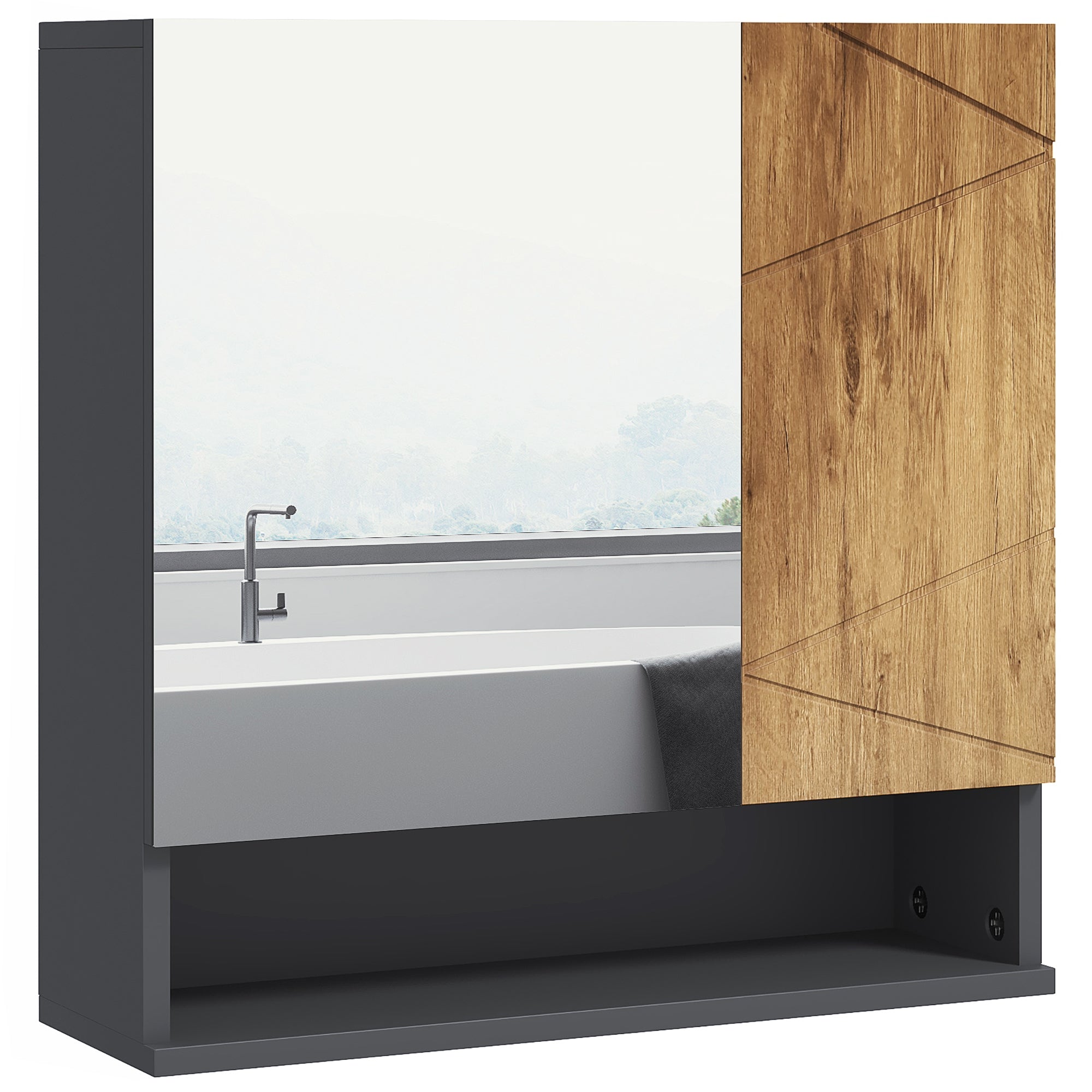 Armoire murale miroir de salle de bain placard de rangement 2 portes avec étagères réglables design contemporain 55 x 17 x 55 cm naturel gris foncé