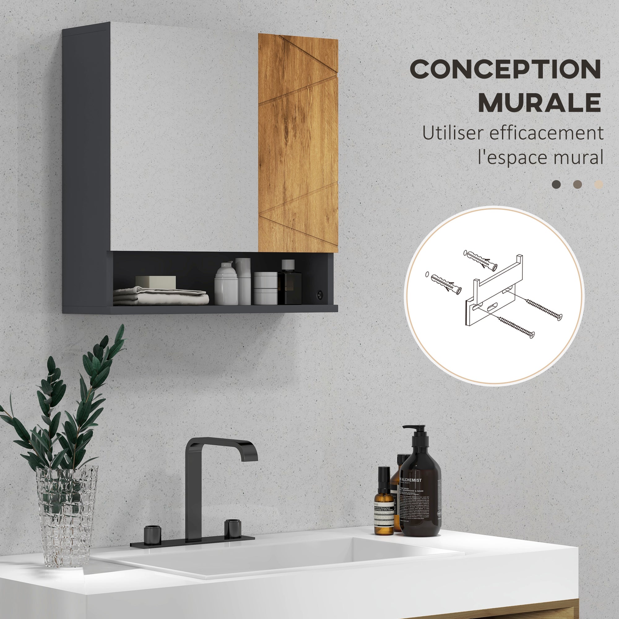 Armoire murale miroir de salle de bain placard de rangement 2 portes avec étagères réglables design contemporain 55 x 17 x 55 cm naturel gris foncé