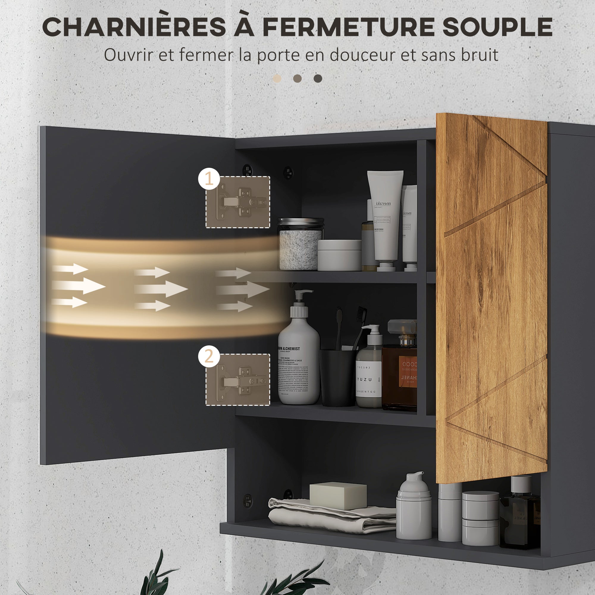 Armoire murale miroir de salle de bain placard de rangement 2 portes avec étagères réglables design contemporain 55 x 17 x 55 cm naturel gris foncé