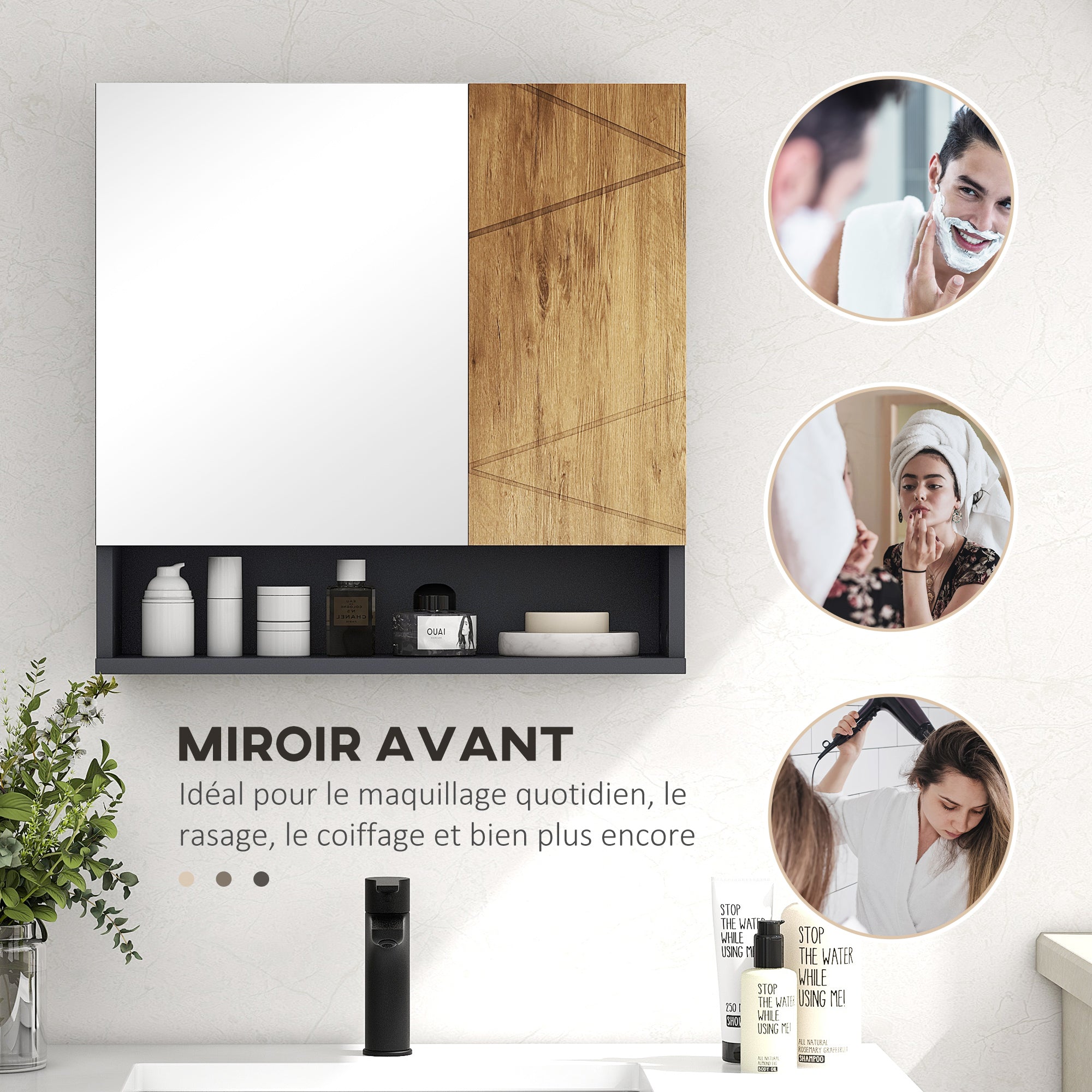 Armoire murale miroir de salle de bain placard de rangement 2 portes avec étagères réglables design contemporain 55 x 17 x 55 cm naturel gris foncé