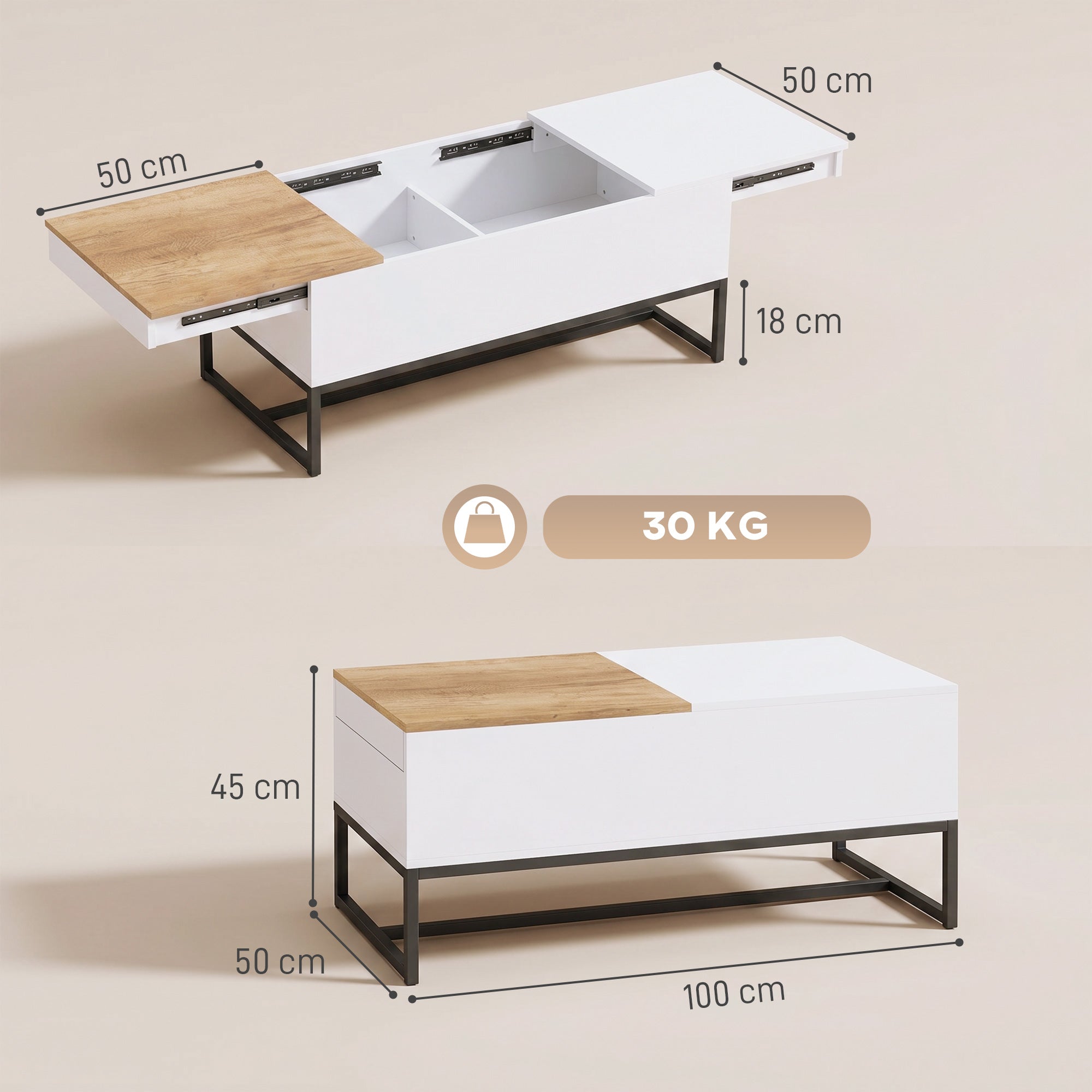 Table Basse Extensible avec Plateau Coulissant, Table de Salon avec Rangement Caché et Pieds en Acier, Style Moderne, pour Chambre, Séjour et Bureau, 100 x 50 x 45 cm, Blanc