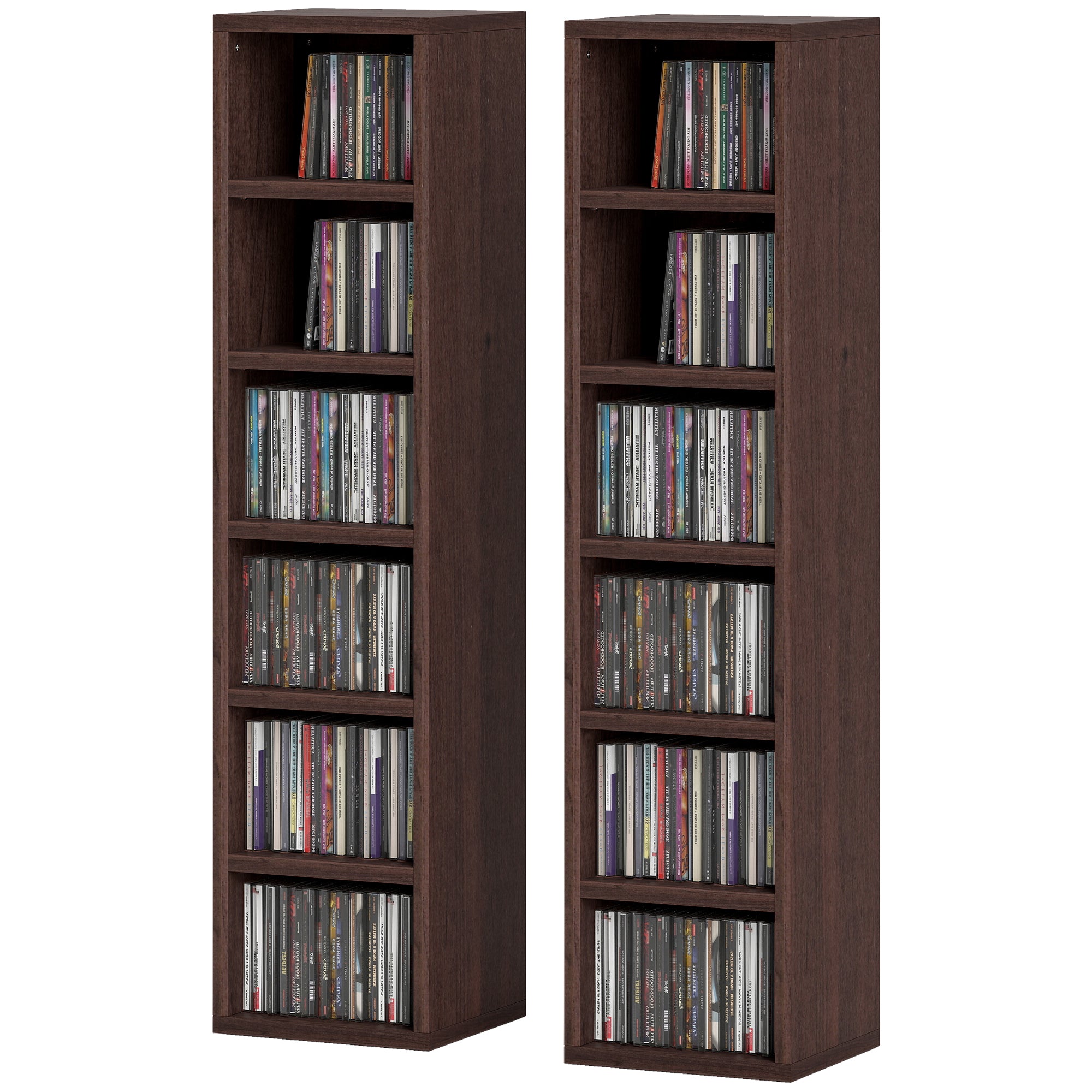 Lot de 2 étagères colonnes armoire de rangement CD-DVD 6 + 6 compartiments 21 x 19,2 x 88,3 cm capacité max. 160 CD effet bois marron