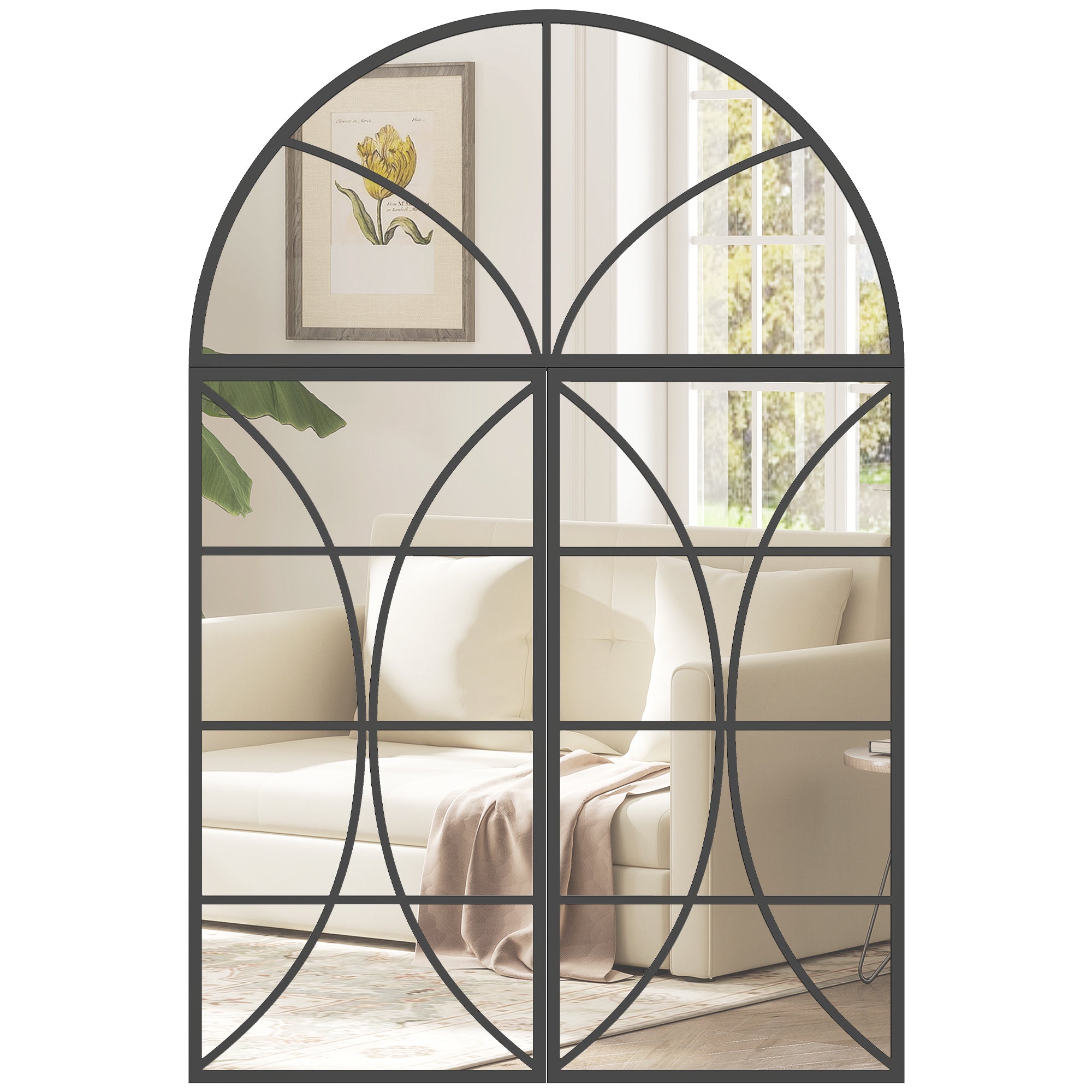 Miroir Mural Arqué 80 x 120 cm, Lot de 3 Pièces, Miroir Verrière Décoratif en Forme de Fenêtre, Verre Trempé Incassable, Cadre en Métal, pour Salon, Chambre à Coucher, Couloir, Noir