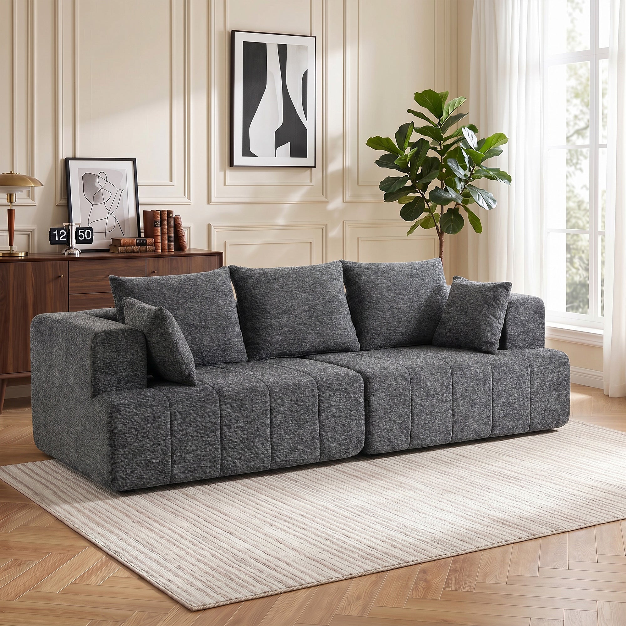 Canapé 3 places en chenille 248 cm, canapé salon moderne, large assise rembourrée, coussins à ressorts, larges accoudoirs, 2 coussins, base antidérapante, pour salon, chambre, gris