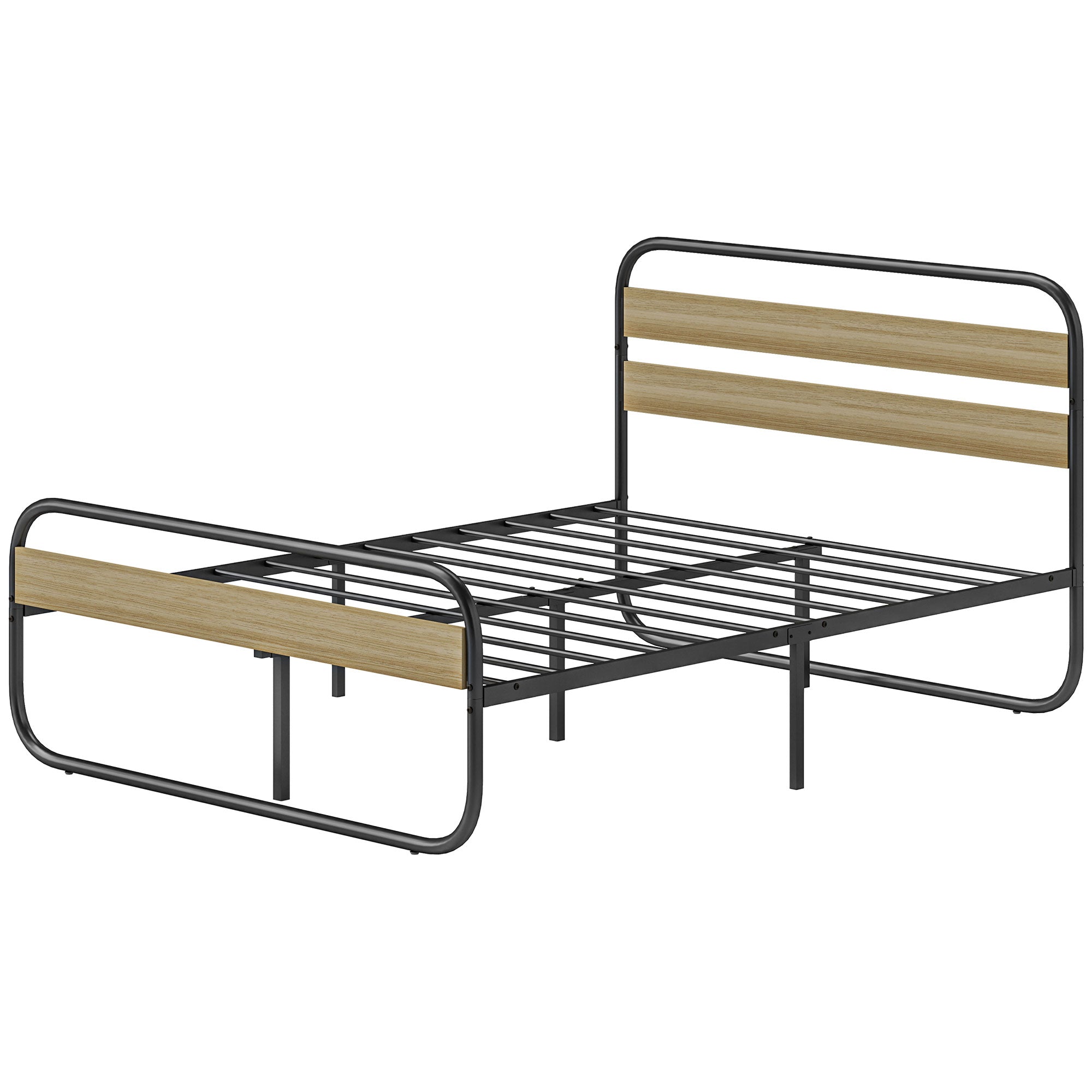 Cadre de lit double 140 x 190 cm lit 2 personnes style industriel avec rangement, sommier, tête et pied - montage facile, en bois et acier, aspect bois