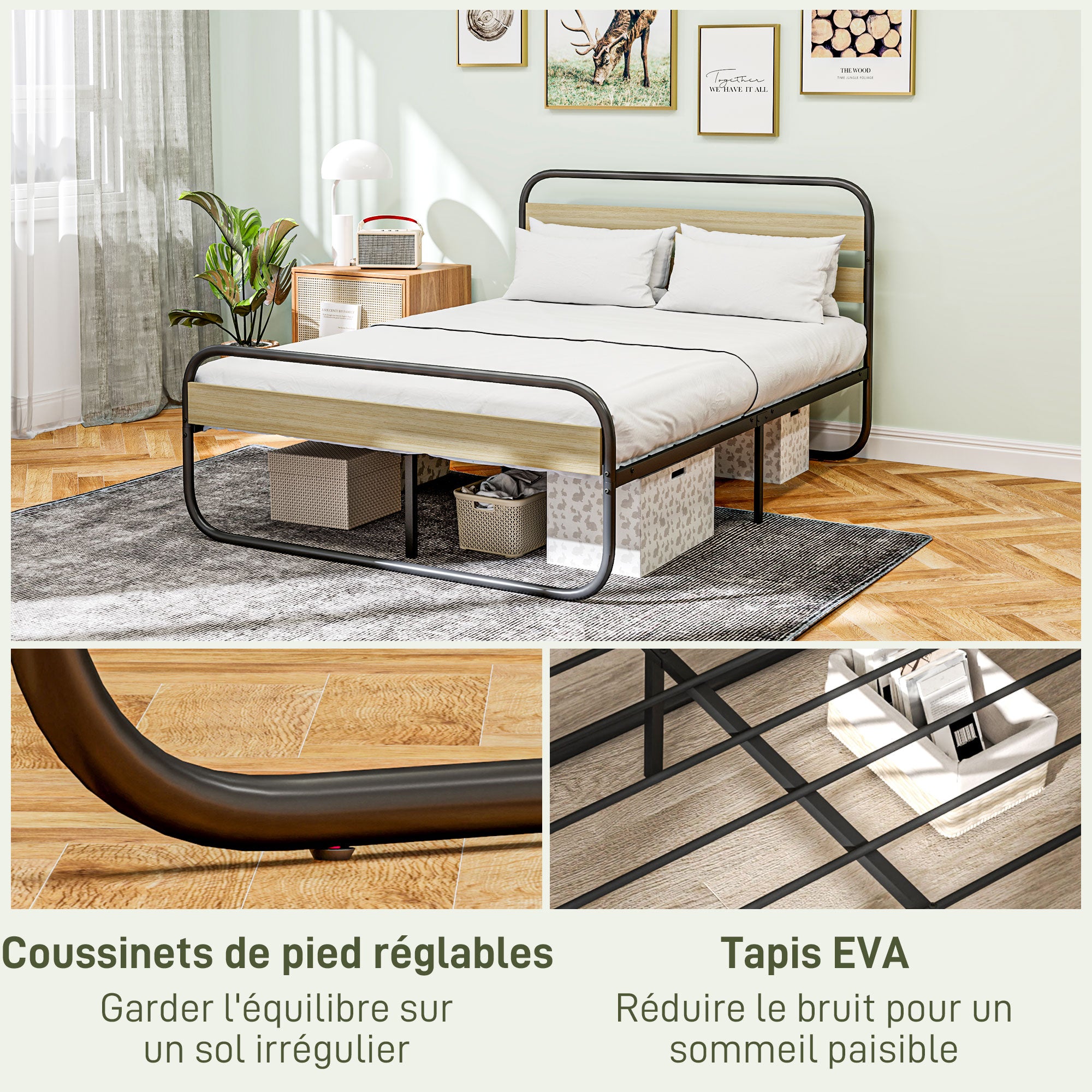 Cadre de lit double 140 x 190 cm lit 2 personnes style industriel avec rangement, sommier, tête et pied - montage facile, en bois et acier, aspect bois