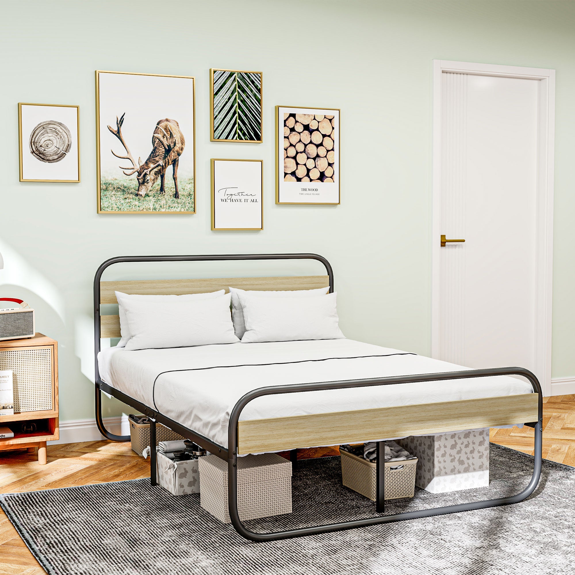 Cadre de lit double 140 x 190 cm lit 2 personnes style industriel avec rangement, sommier, tête et pied - montage facile, en bois et acier, aspect bois