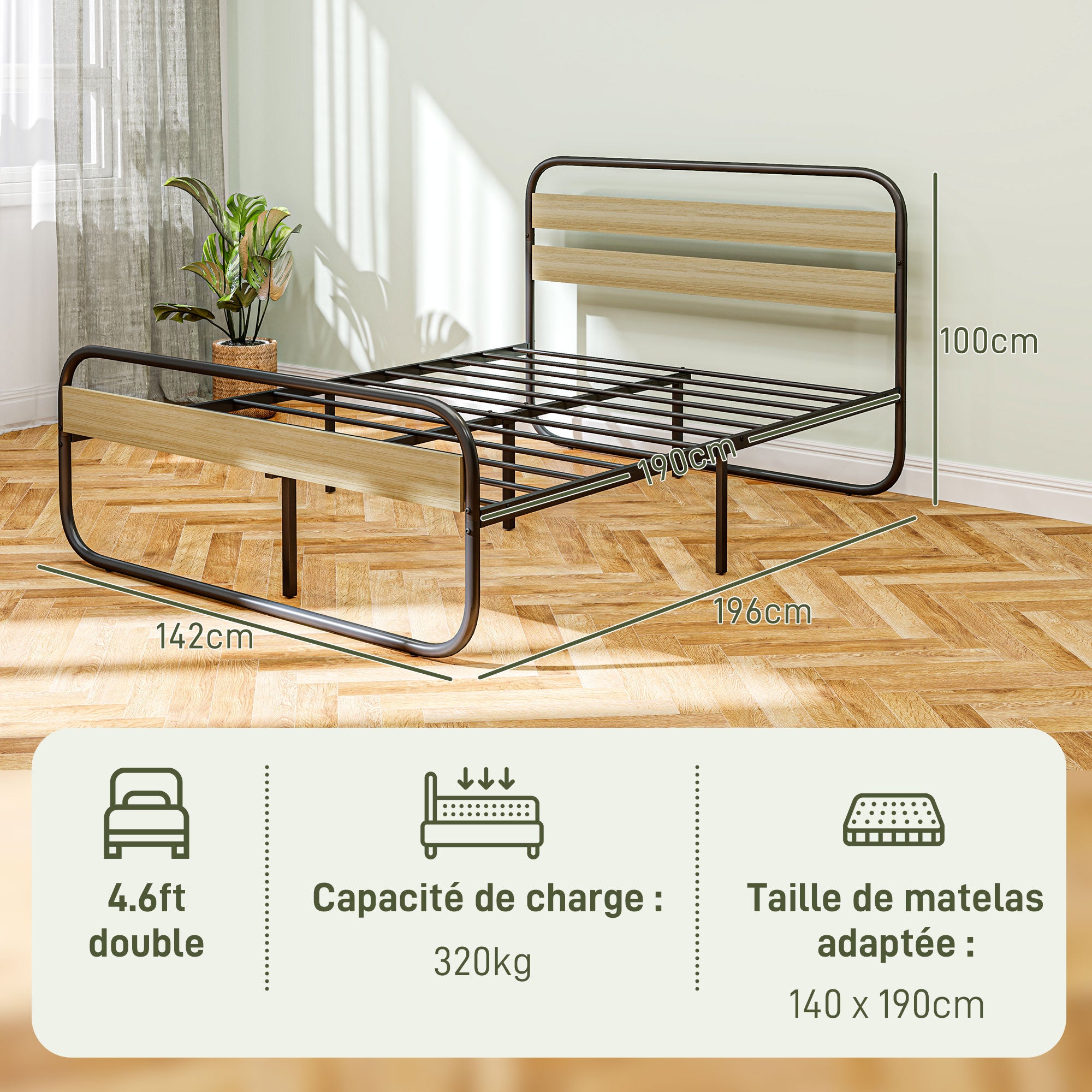 Cadre de lit double 140 x 190 cm lit 2 personnes style industriel avec rangement, sommier, tête et pied - montage facile, en bois et acier, aspect bois
