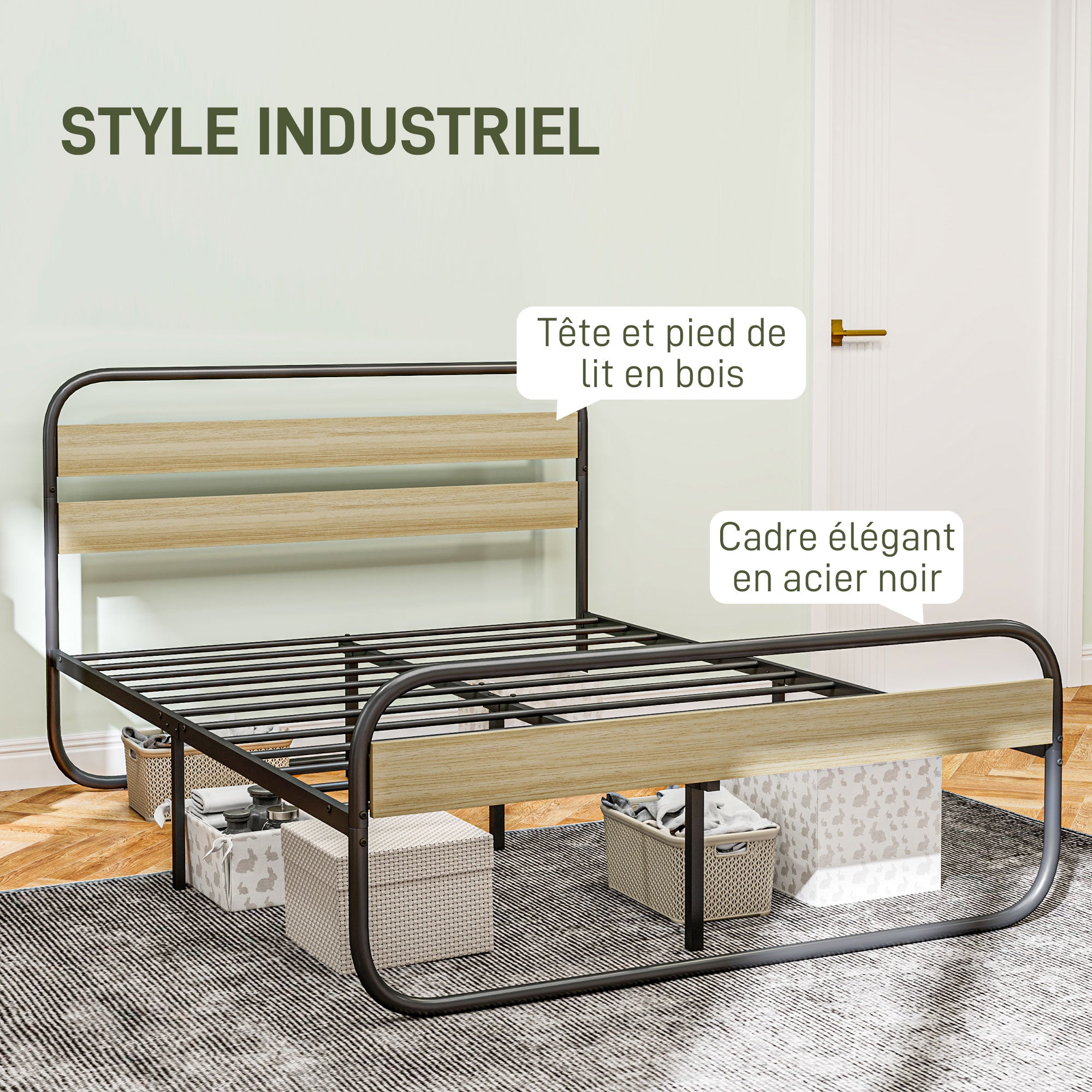 Cadre de lit double 140 x 190 cm lit 2 personnes style industriel avec rangement, sommier, tête et pied - montage facile, en bois et acier, aspect bois