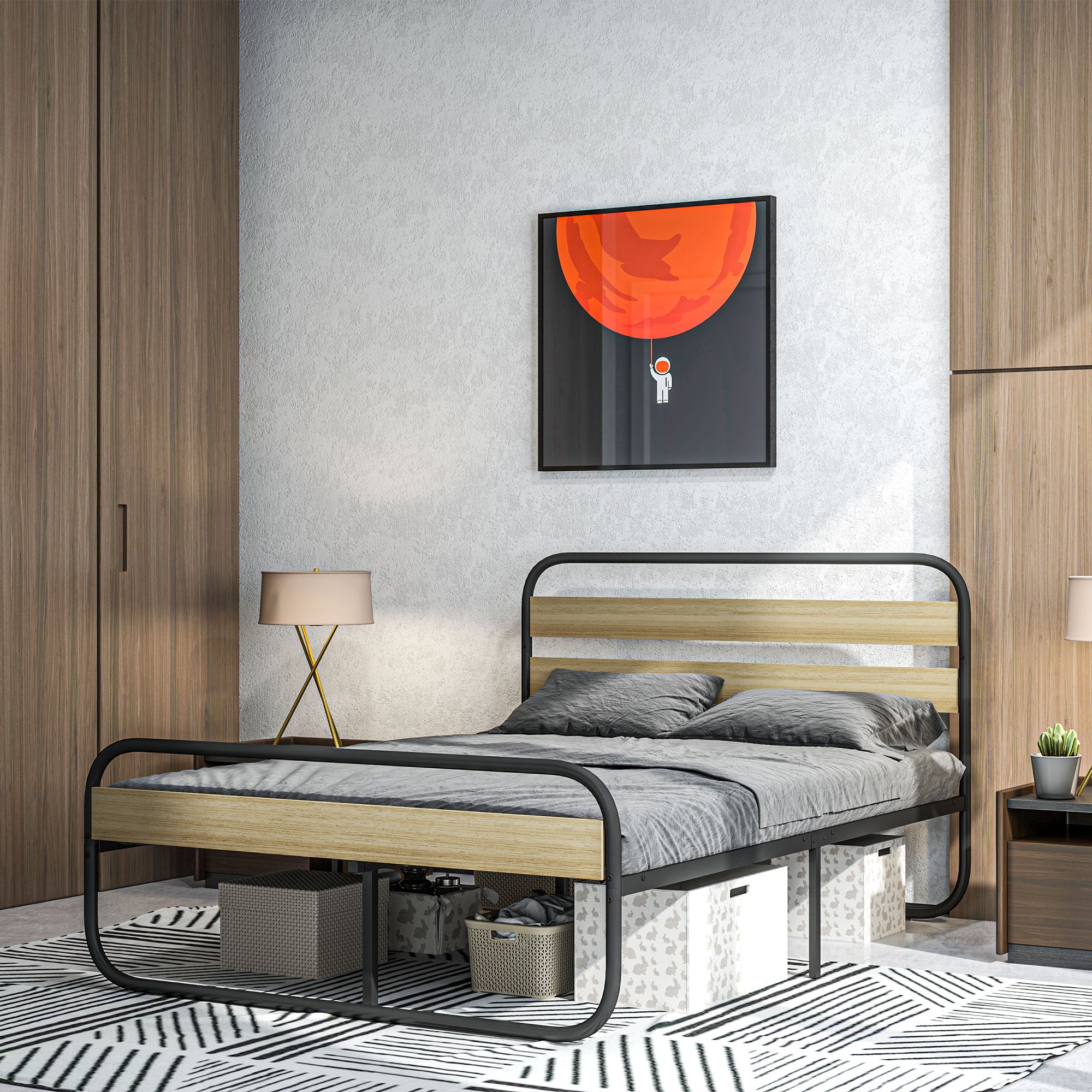 Cadre de lit double 140 x 190 cm lit 2 personnes style industriel avec rangement, sommier, tête et pied - montage facile, en bois et acier, aspect bois