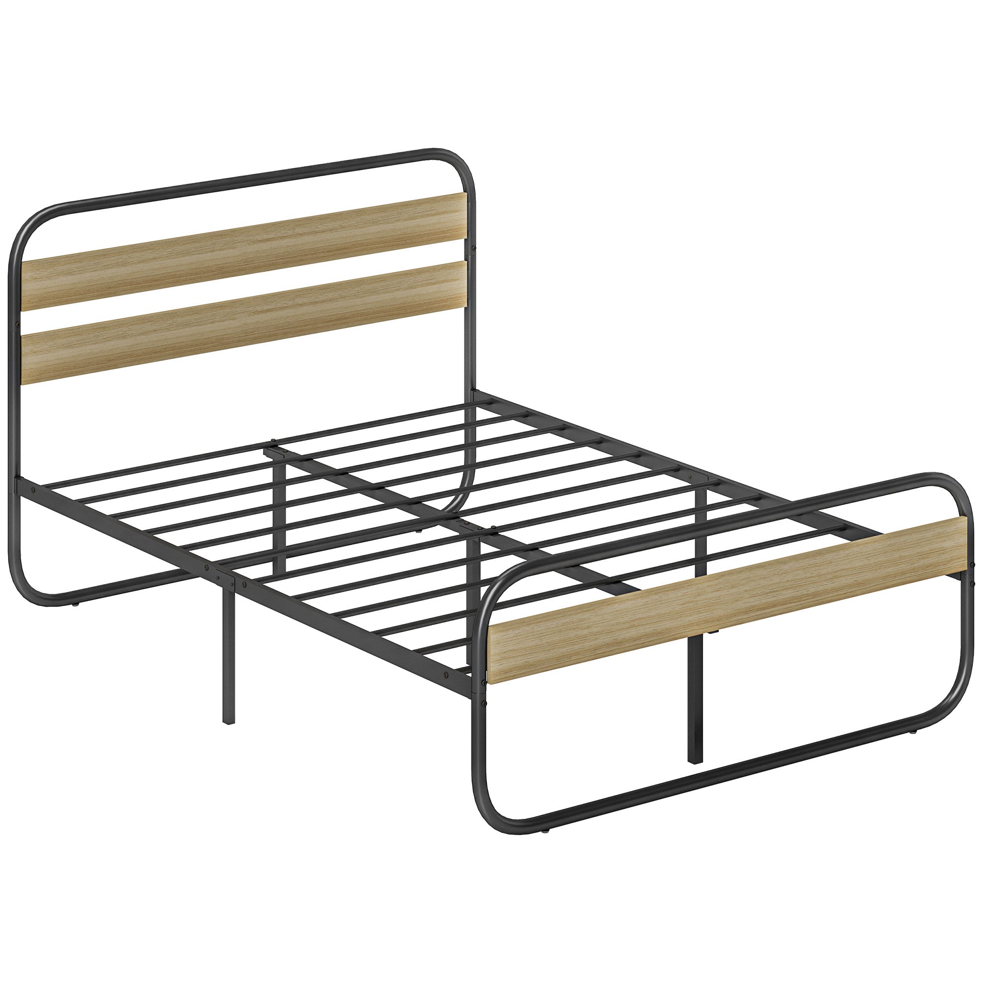 Cadre de lit double 140 x 190 cm lit 2 personnes style industriel avec rangement, sommier, tête et pied - montage facile, en bois et acier, aspect bois