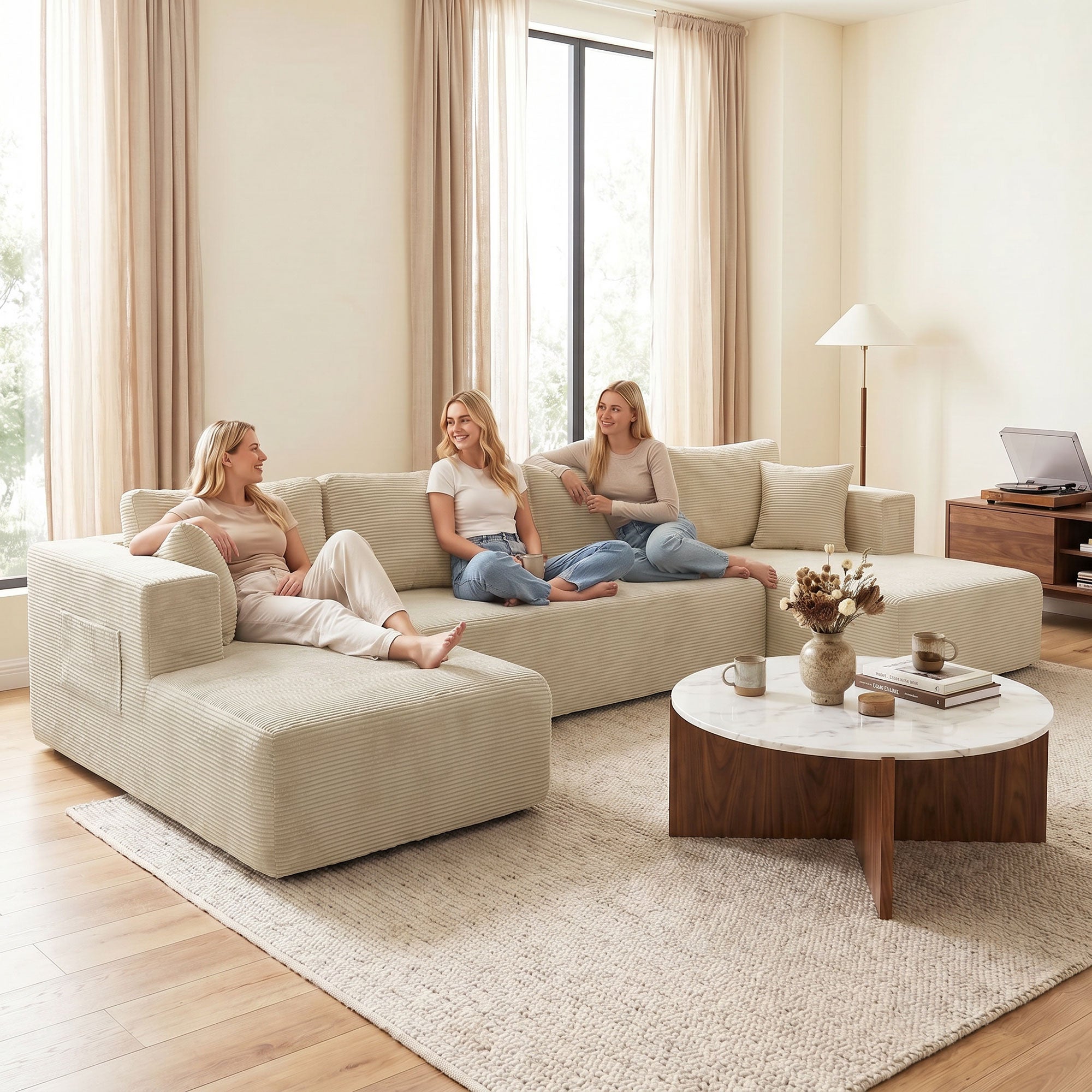 Canapé Modulaire en U Compressé 337 cm, Canapé 4 places Convertible en Velours Côtelé, 2 Méridiennes, 6 Coussins, Assise Large et Poches Latérales, pour Salon, Aucun Assemblage Requis, Crème