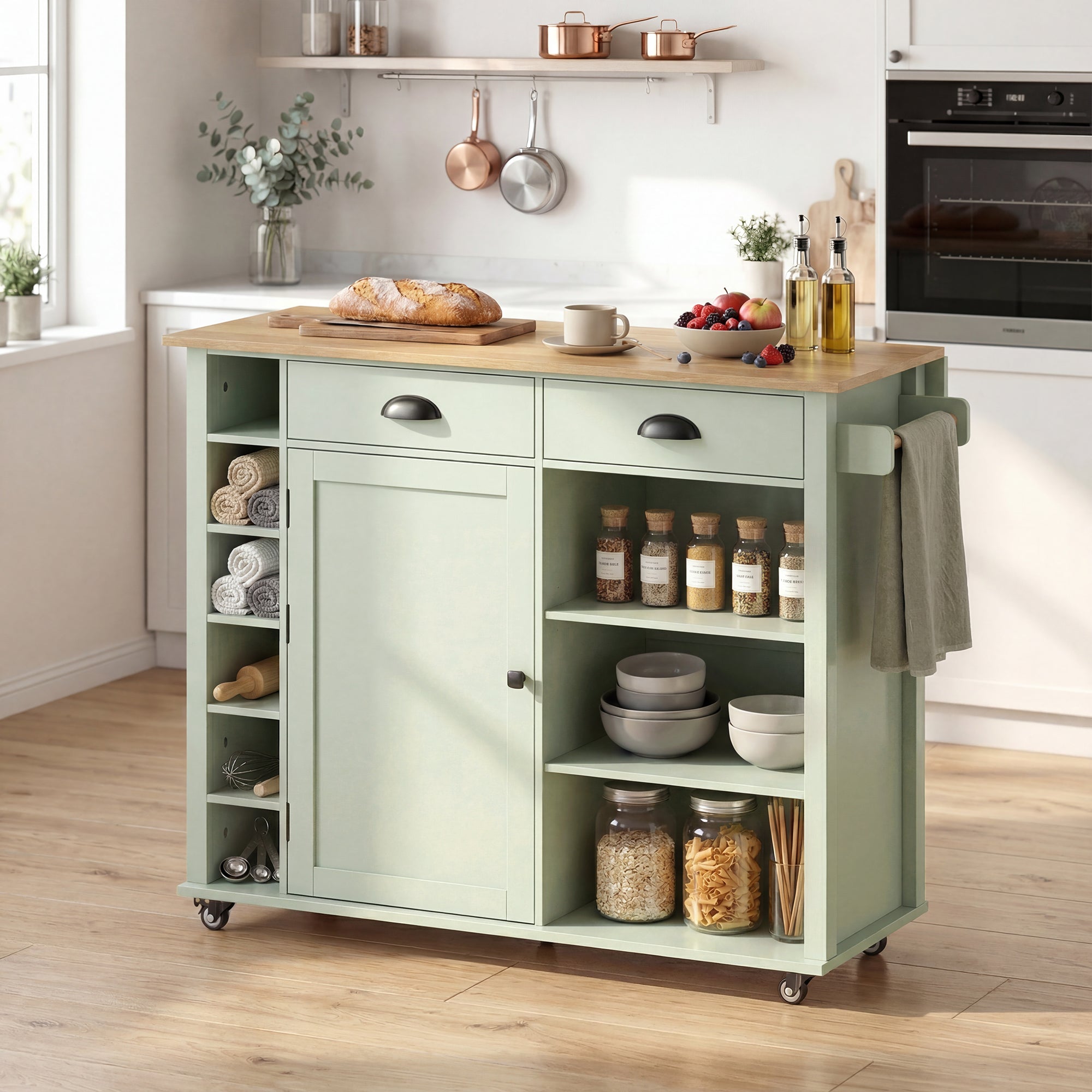 Îlot Central Cuisine avec Plateau Pliant, Desserte de Cuisine sur Roulettes avec Placard, 2 Tiroirs, Porte-Serviettes, Étagère Réglable, Compartimentss ouverts, 117,5 x 70 x 91 cm, Vert Clair