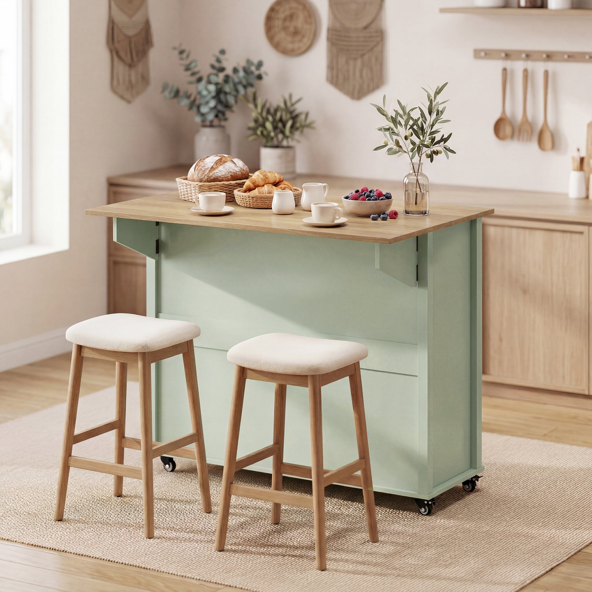 Îlot Central Cuisine avec Plateau Pliant, Desserte de Cuisine sur Roulettes avec Placard, 2 Tiroirs, Porte-Serviettes, Étagère Réglable, Compartimentss ouverts, 117,5 x 70 x 91 cm, Vert Clair