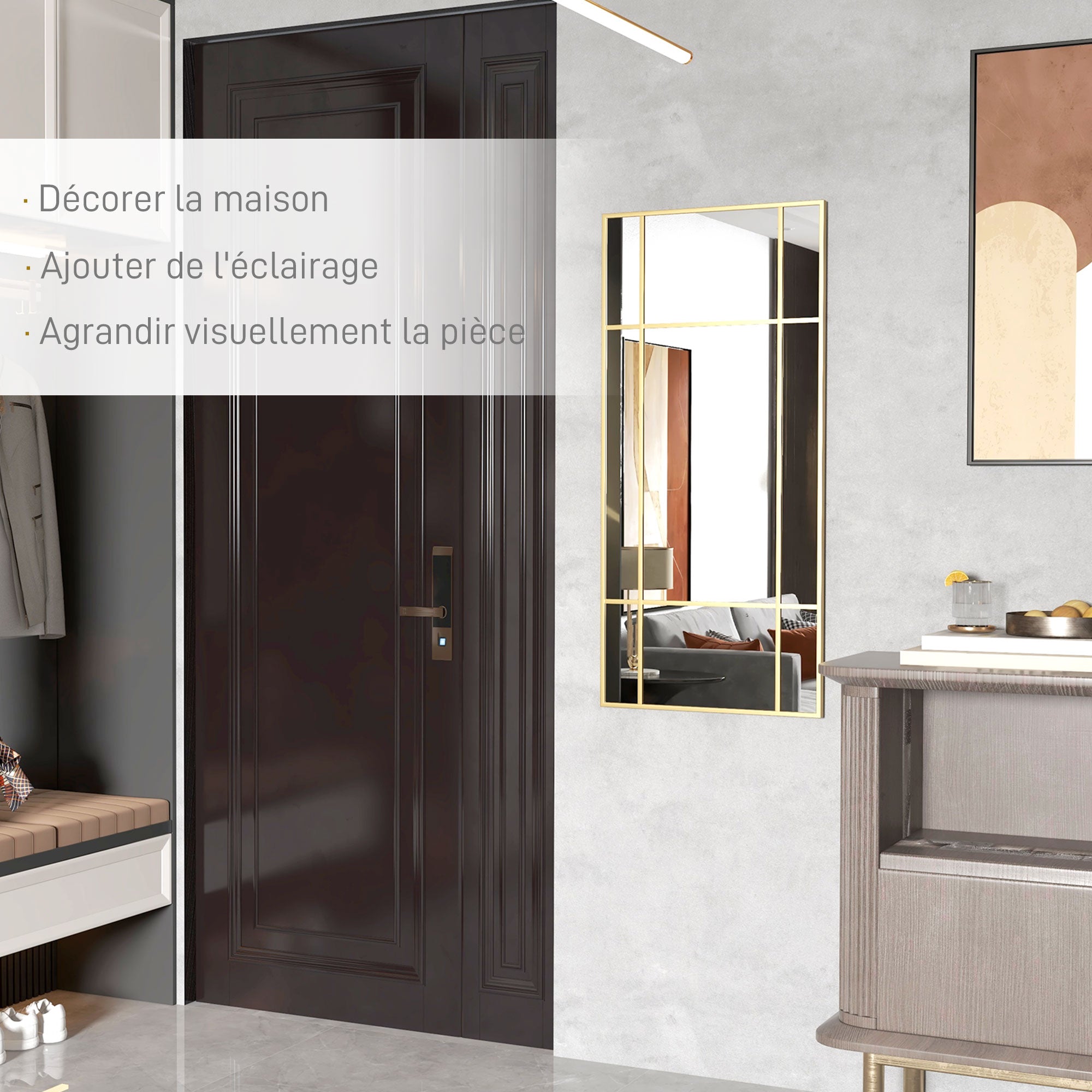 Miroir mural verrière rectangulaire style fenêtre, horizontal ou vertical avec 4 crochets, en métal doré - 110x50 cm