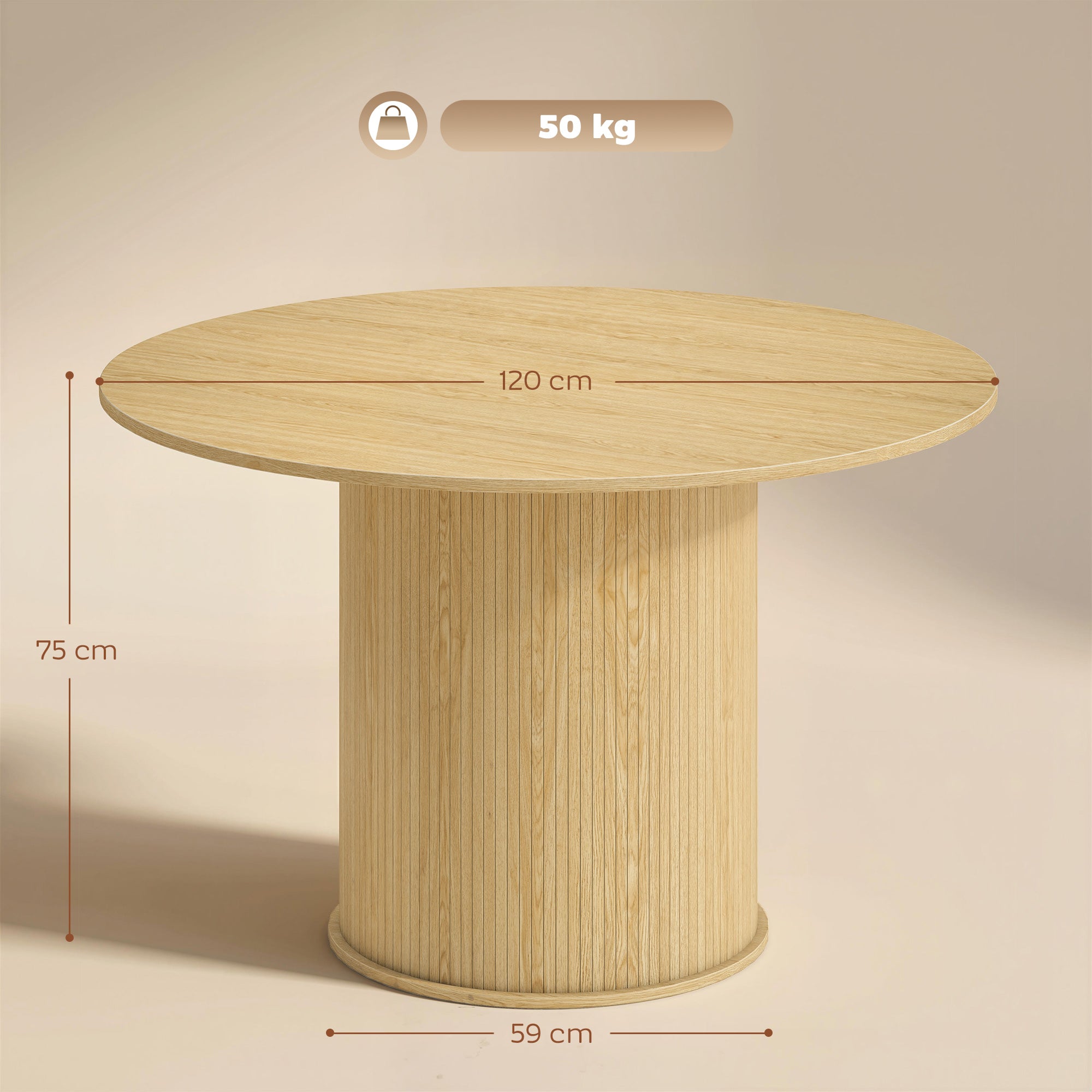 Table à manger ronde pour 5 personnes, Ø 120 x 75 cm, table de cuisine moderne avec large plateau et base cylindrique cannelée, pour salon, salle à manger, bois naturel