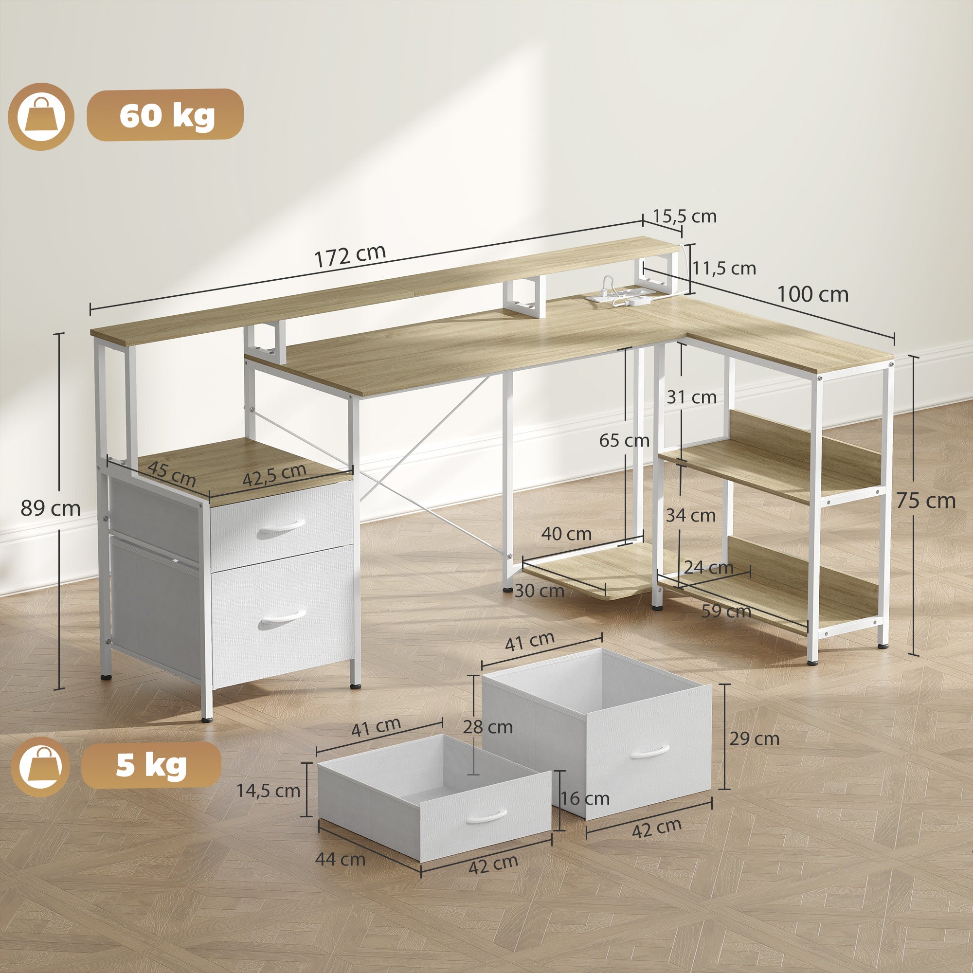 Bureau d'Angle avec Prises et Lumières LED RGB, Bureau d'Ordinateur, 172x100cm, Support d'Écran, 2 Tiroirs en Tissu, Support Imprimante, Table Informatique pour Chambre ou Coin Travail, Blanc