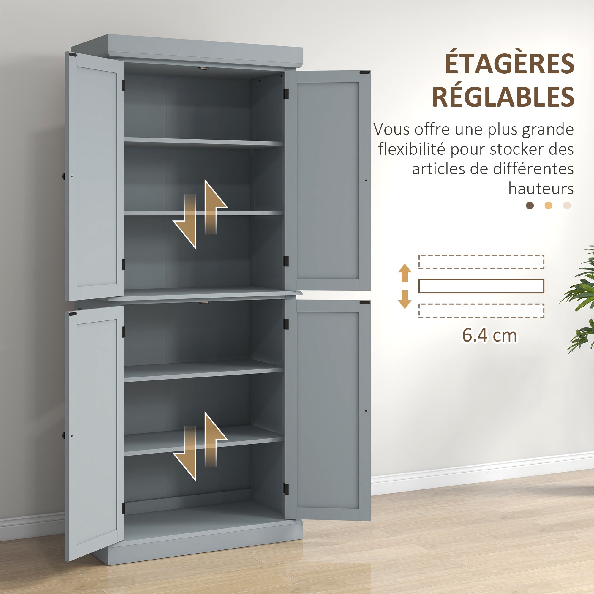 Armoire de cuisine buffet cuisine vaisselier meuble de rangement style moderne avec placards, étagères réglables, pour salle à manger, salon, 76 x 40,5 x 184 cm, gris