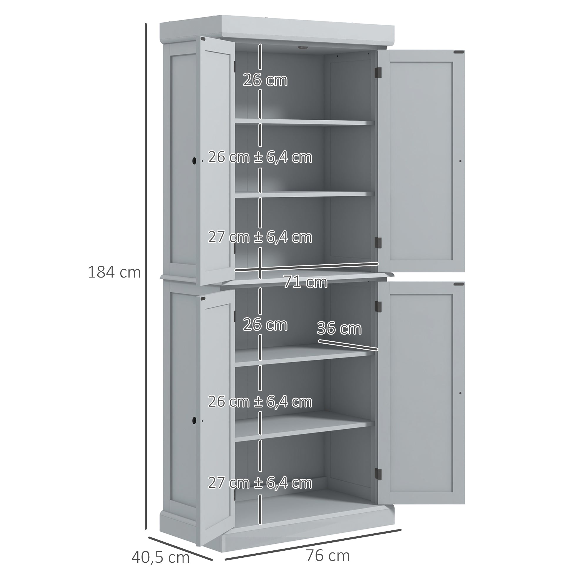 Armoire de cuisine buffet cuisine vaisselier meuble de rangement style moderne avec placards, étagères réglables, pour salle à manger, salon, 76 x 40,5 x 184 cm, gris