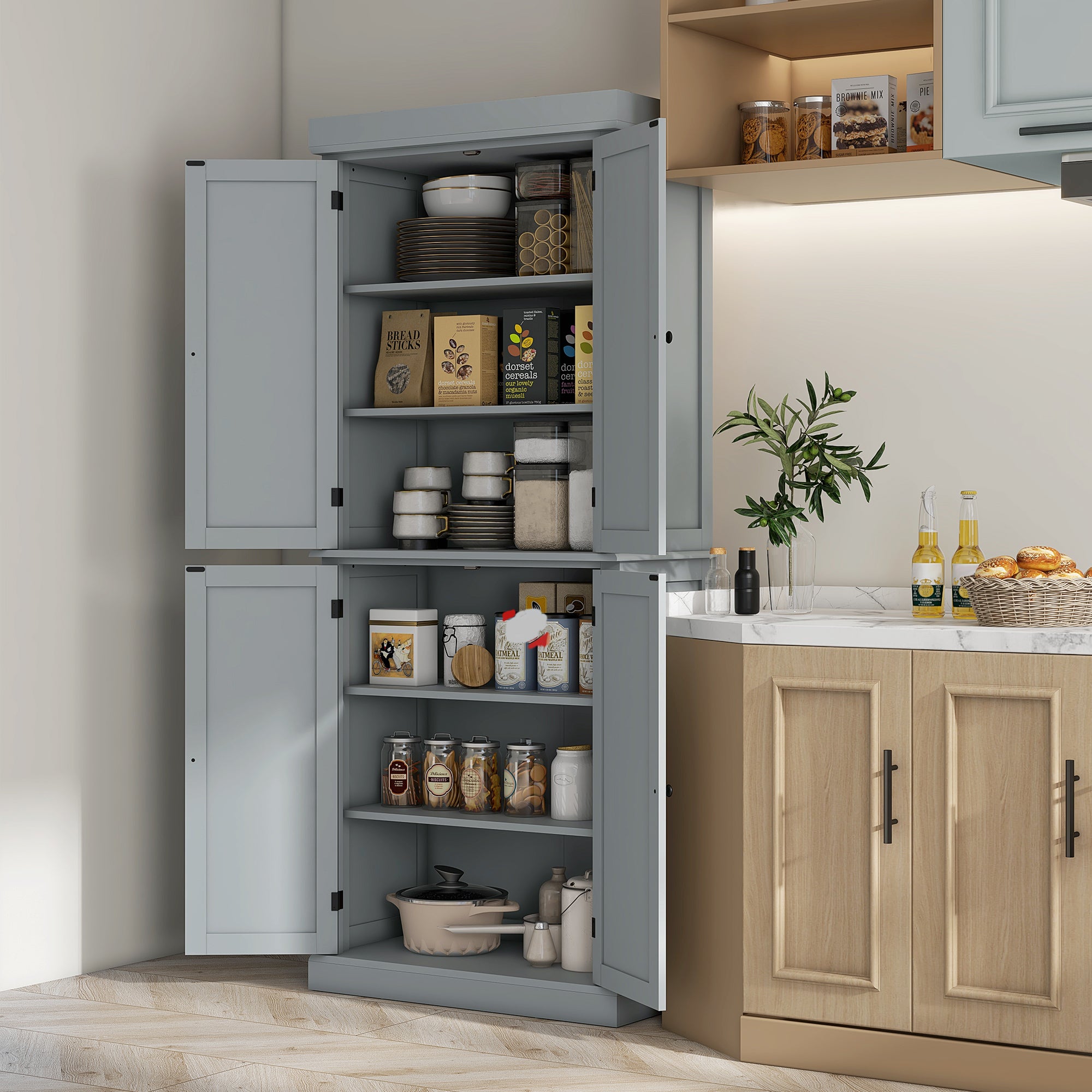 Armoire de cuisine buffet cuisine vaisselier meuble de rangement style moderne avec placards, étagères réglables, pour salle à manger, salon, 76 x 40,5 x 184 cm, gris