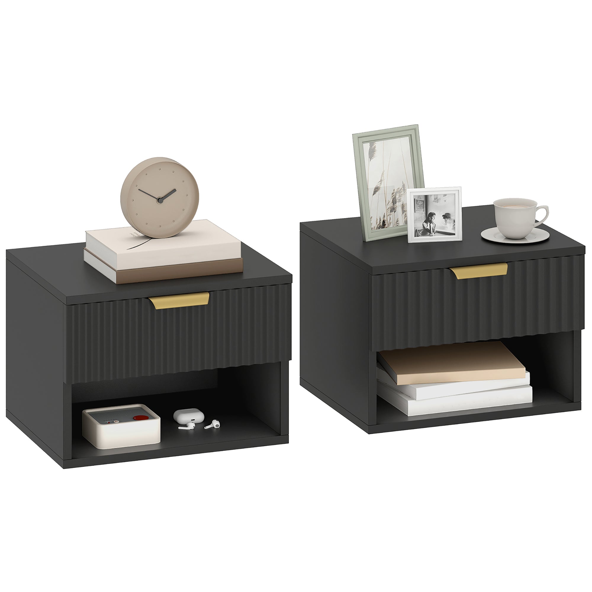 Lot de 2 tables de chevet suspendues, tables de nuit murales avec tiroir à fermeture douce et niche de rangement, moderne pour chambre, salon, 40 x 34 x 29 cm, noir