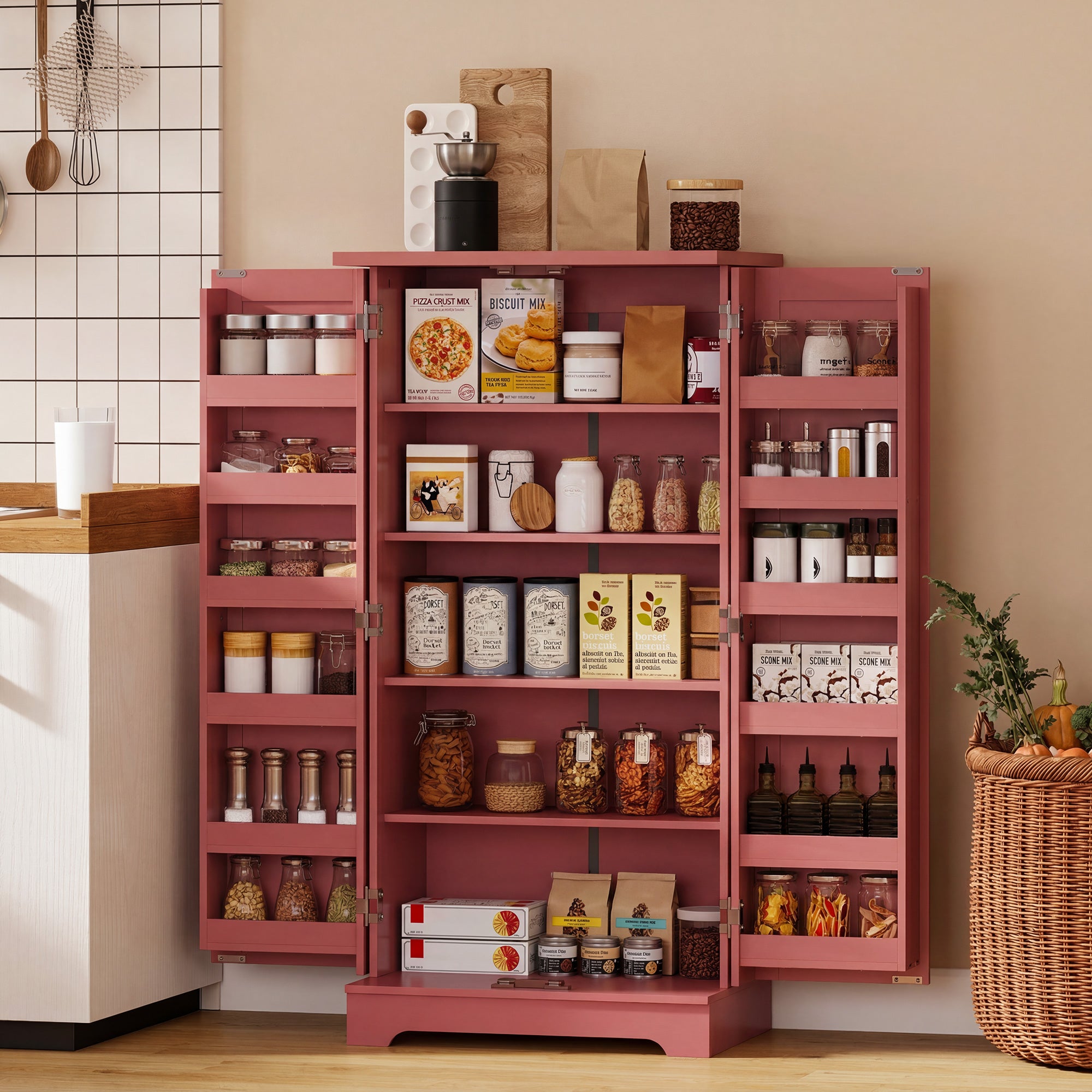 Buffet cuisine, armoire de cuisine, vaisselier, 5 niveaux, avec portes et étagères réglables, 60 x 40 x 120 cm, grain de bois, rouge