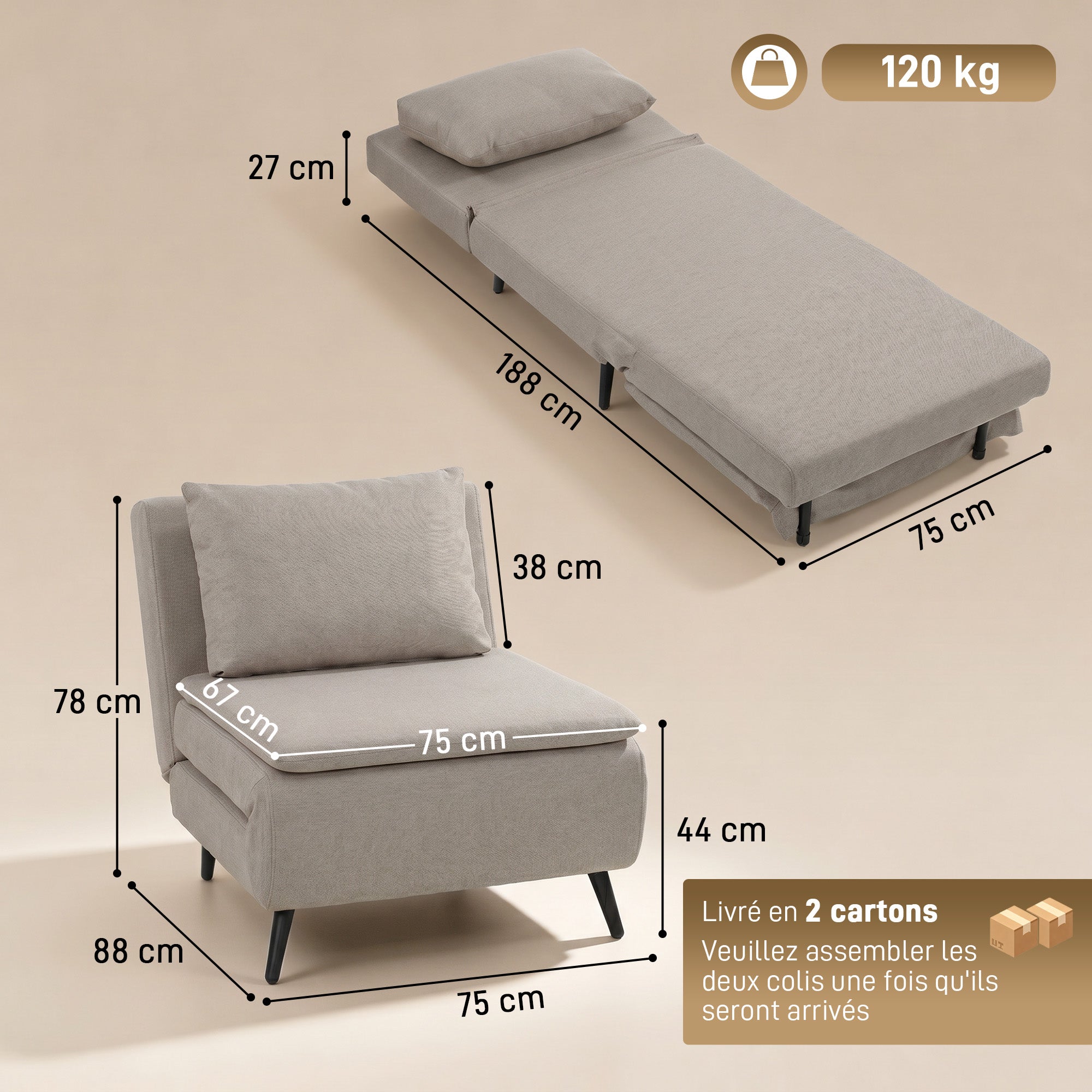 Fauteuil Convertible 1 Place, Fauteuil-Lit Clic-Clac 3 en 1 avec Dossier Réglable, Oreiller, Assise Large, Ressorts en S, Canapé-Lit Rembourré en Lin pour Invités, Salon, Bureau, Marron Clair