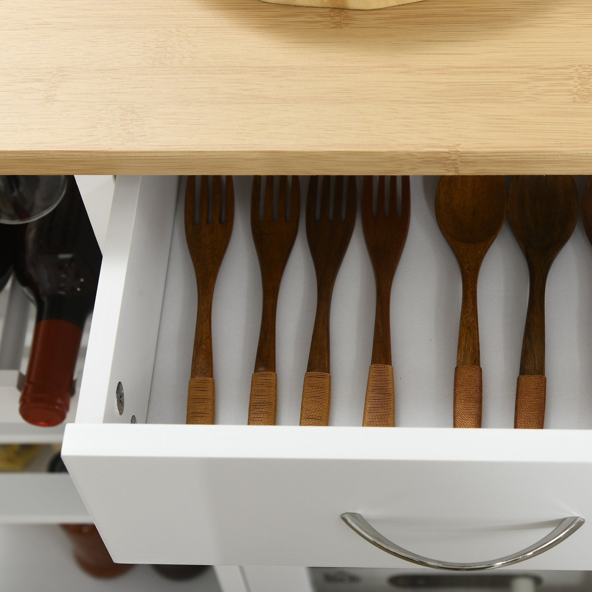 Desserte de Cuisine Chariot deservice à roulettes Multi-Rangement avec casier à vin, tiroir, Porte, étagères Blanc