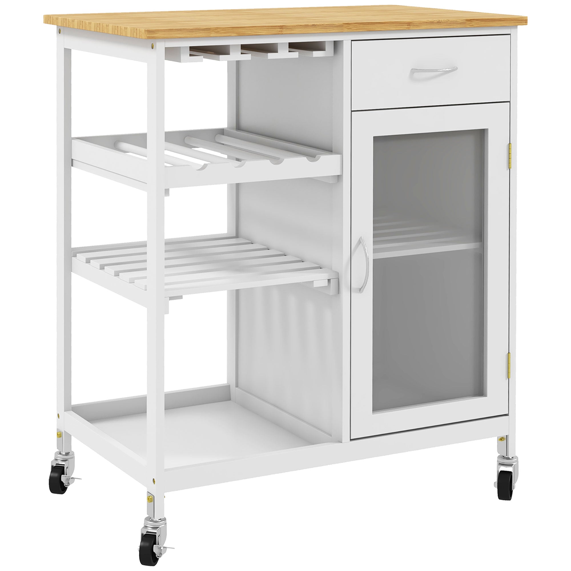 Desserte de Cuisine Chariot deservice à roulettes Multi-Rangement avec casier à vin, tiroir, Porte, étagères Blanc