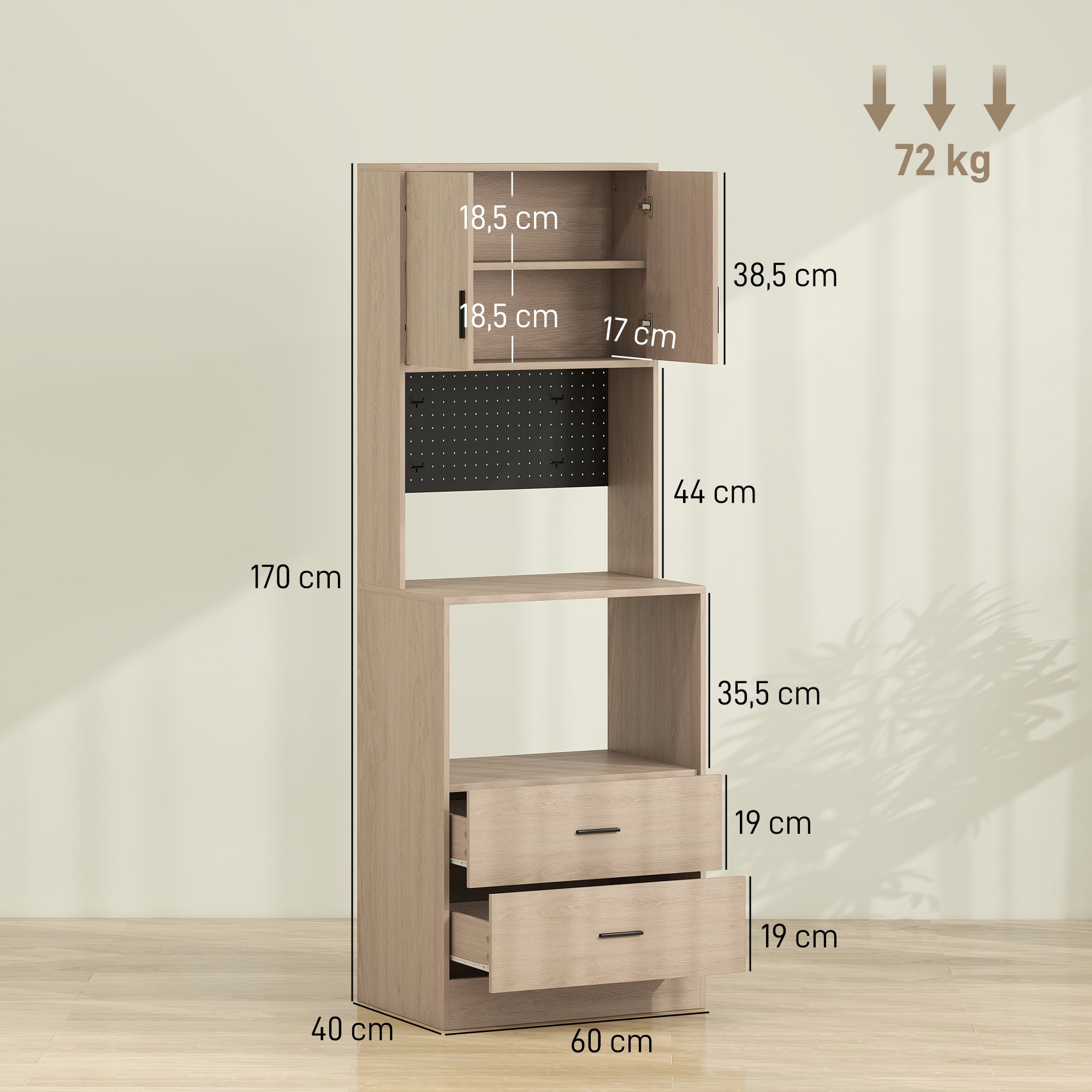 Meuble micro-ondes, buffet, armoire de cuisine, 2 tiroirs, 2 portes, plan de travail, étagère réglable, panneau perforé, 4 crochets, meuble de rangement pour salle à manger, salon, bois naturel