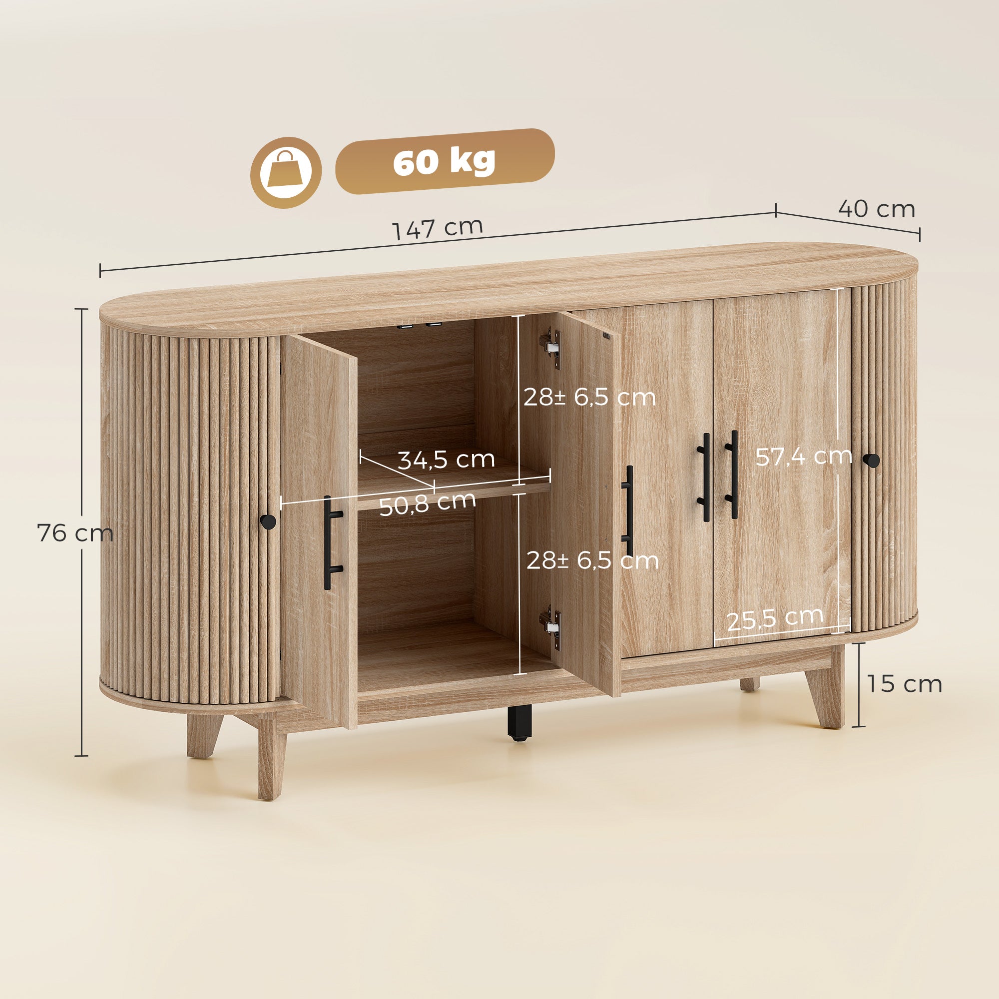 Buffet salon, meuble de rangement ovale avec 4 portes et 2 étagères réglables, meuble TV jusqu'à 65 pouces, style moderne, buffet salle à manger et cuisine, 147x40x76cm, chêne