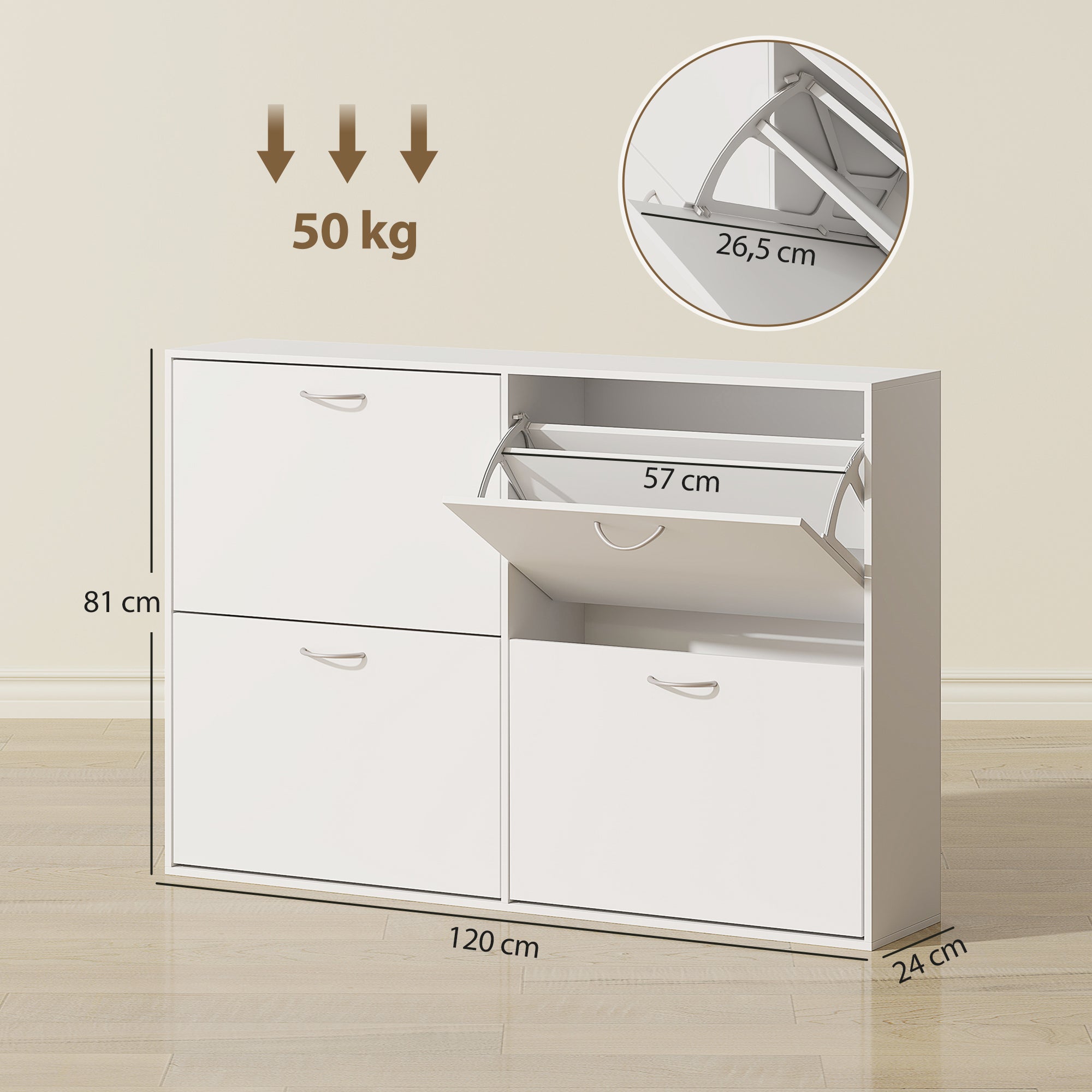 Armoire à Chaussures Meuble à Chaussures Grande Taille dim. 120L x 24l x 81H cm 4 Portes abattantes Double Niveau en Bois Blanc