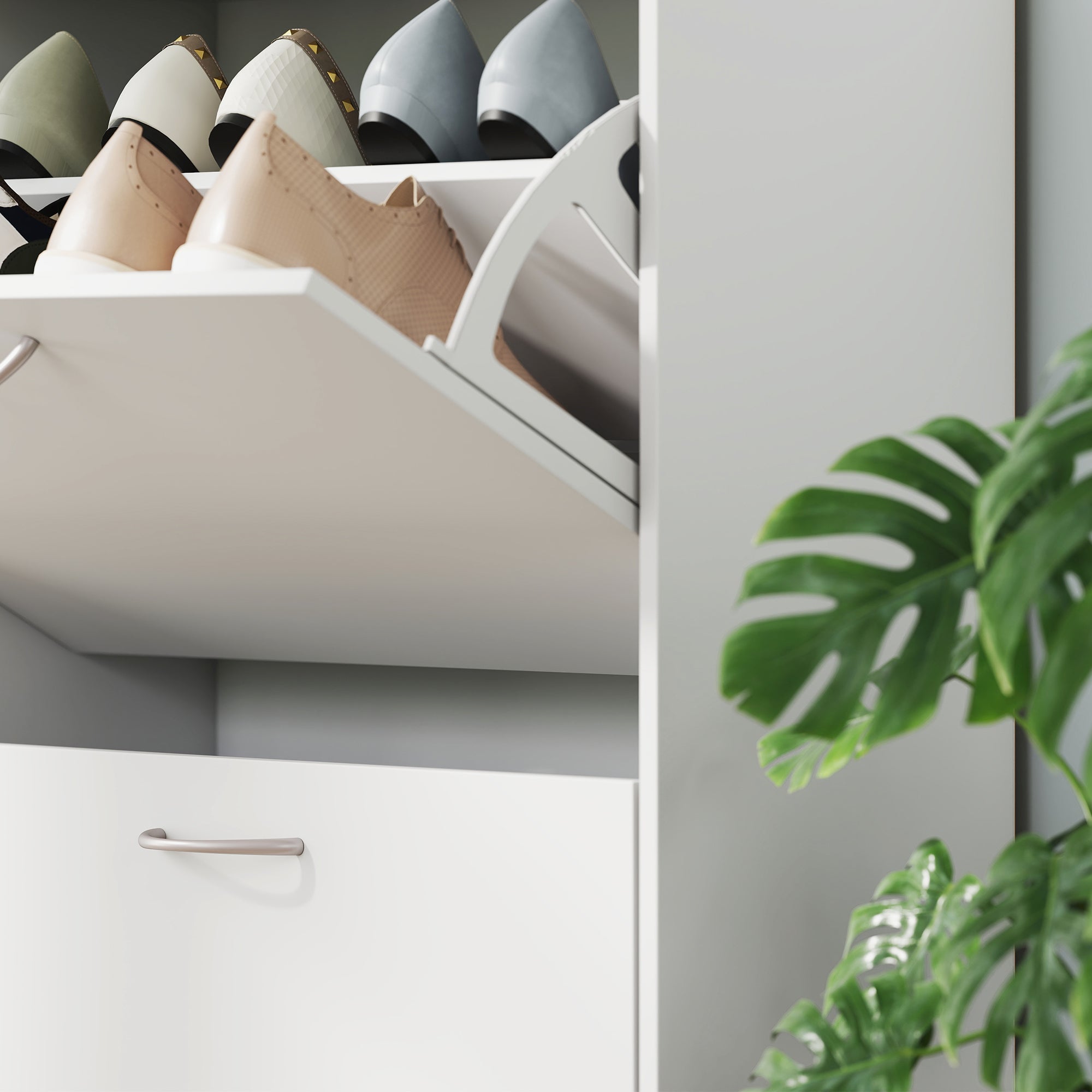 Armoire à Chaussures Meuble à Chaussures Grande Taille dim. 120L x 24l x 81H cm 4 Portes abattantes Double Niveau en Bois Blanc