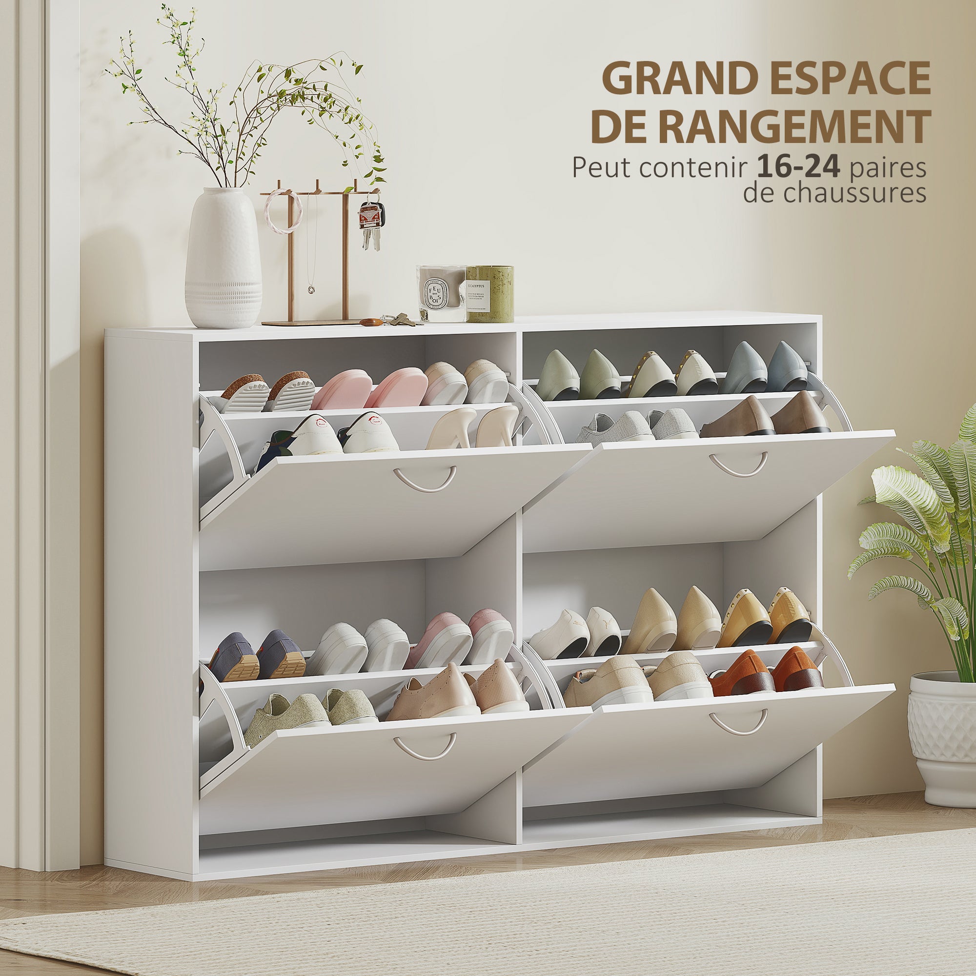 Armoire à Chaussures Meuble à Chaussures Grande Taille dim. 120L x 24l x 81H cm 4 Portes abattantes Double Niveau en Bois Blanc