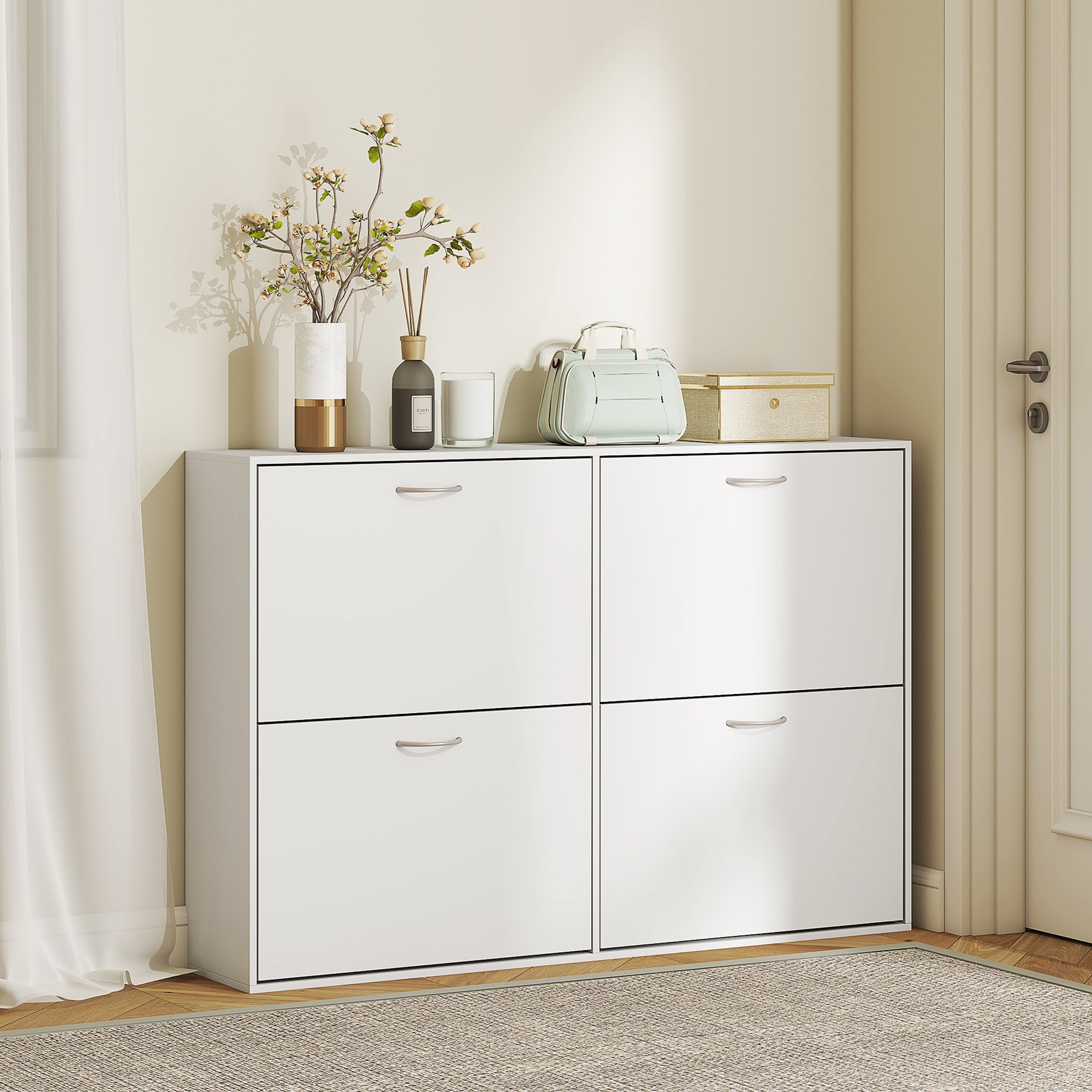 Armoire à Chaussures Meuble à Chaussures Grande Taille dim. 120L x 24l x 81H cm 4 Portes abattantes Double Niveau en Bois Blanc