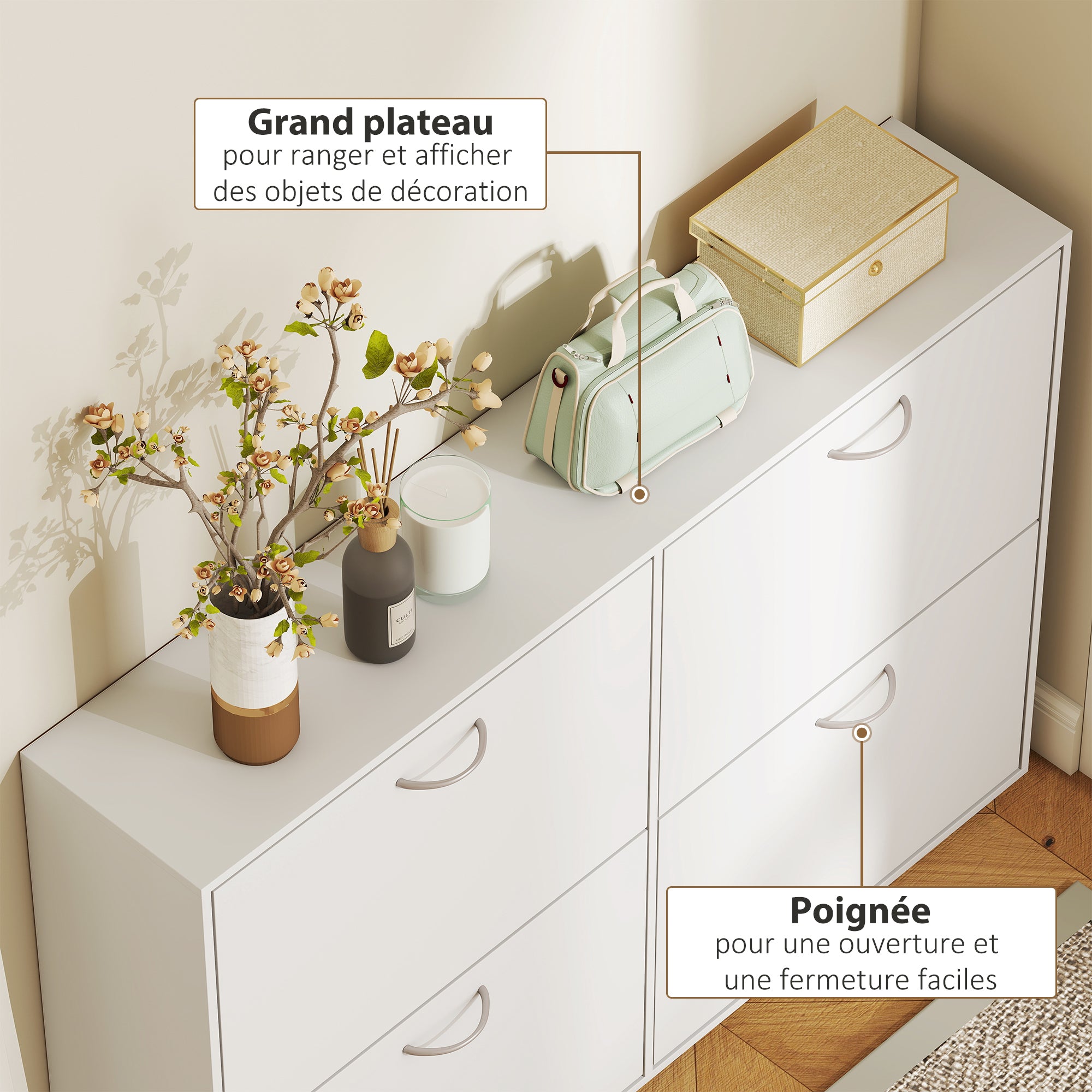 Armoire à Chaussures Meuble à Chaussures Grande Taille dim. 120L x 24l x 81H cm 4 Portes abattantes Double Niveau en Bois Blanc