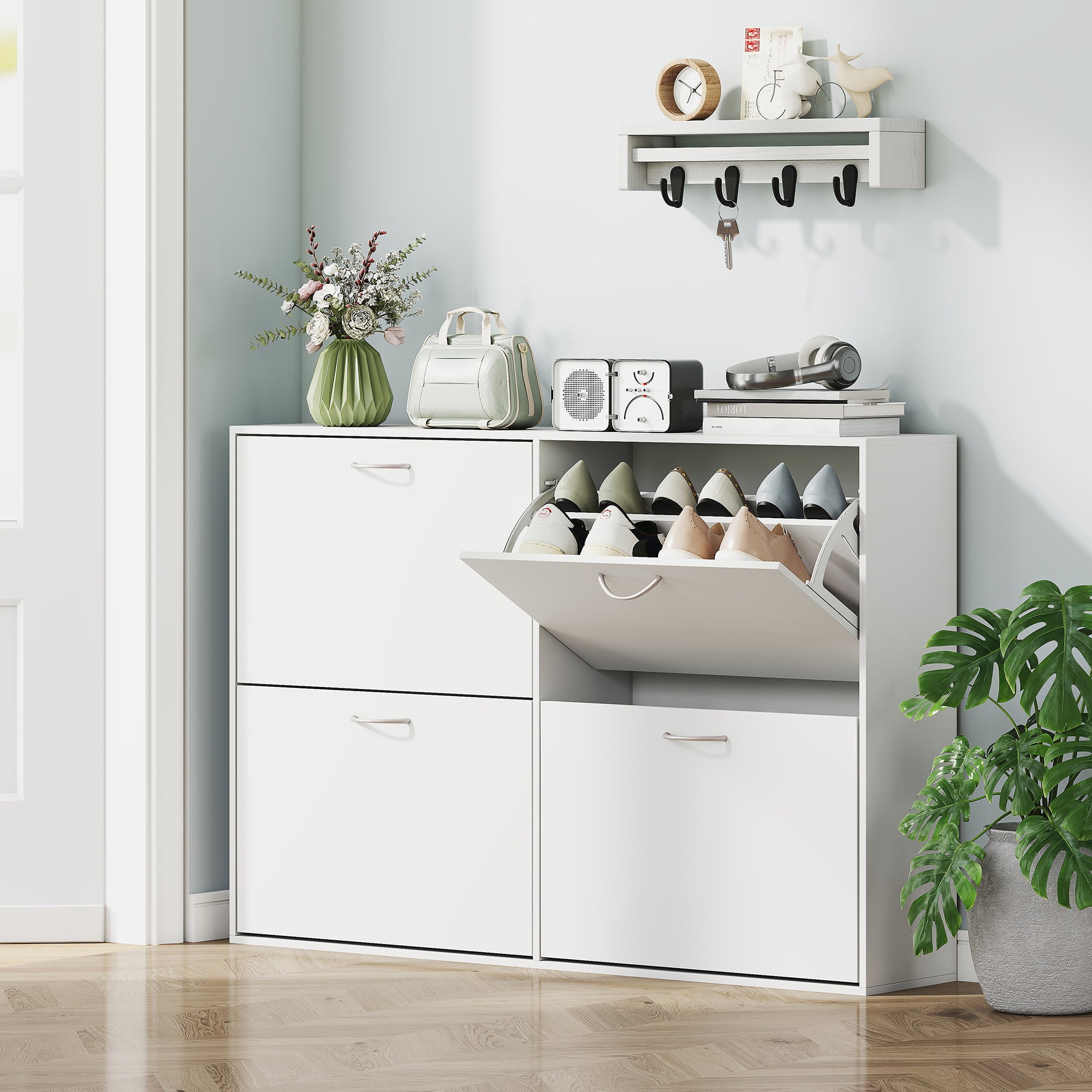 Armoire à Chaussures Meuble à Chaussures Grande Taille dim. 120L x 24l x 81H cm 4 Portes abattantes Double Niveau en Bois Blanc