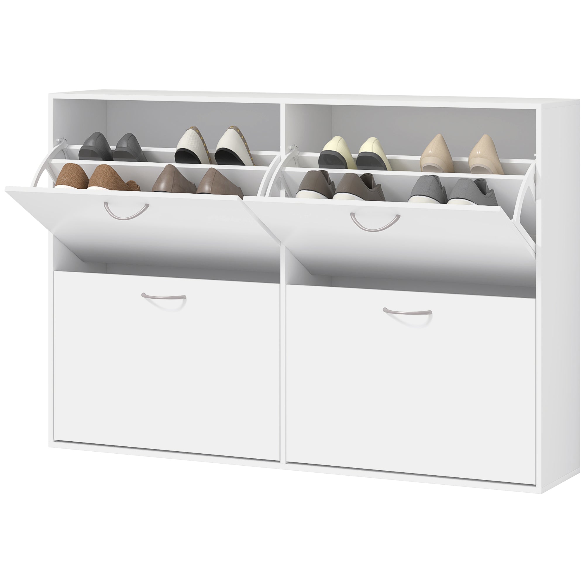 Armoire à Chaussures Meuble à Chaussures Grande Taille dim. 120L x 24l x 81H cm 4 Portes abattantes Double Niveau en Bois Blanc