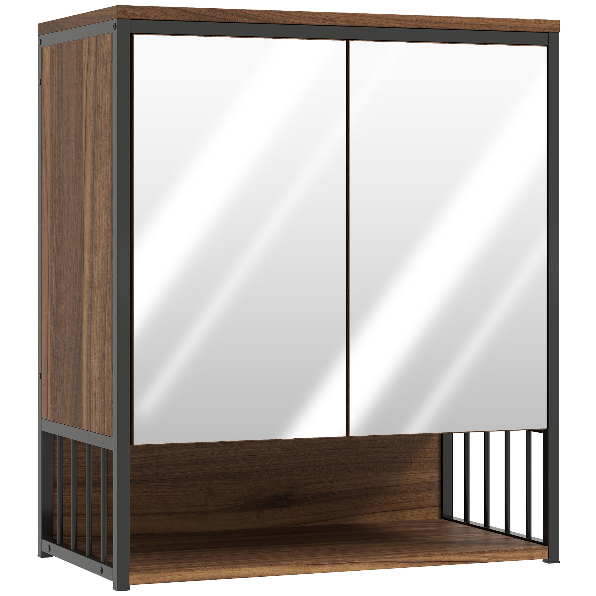 Armoire murale salle de bain avec miroir, 56 x 65 cm, meuble salle de bain, armoire de toilette avec compartiment ouvert, porte à fermeture amortie, marron