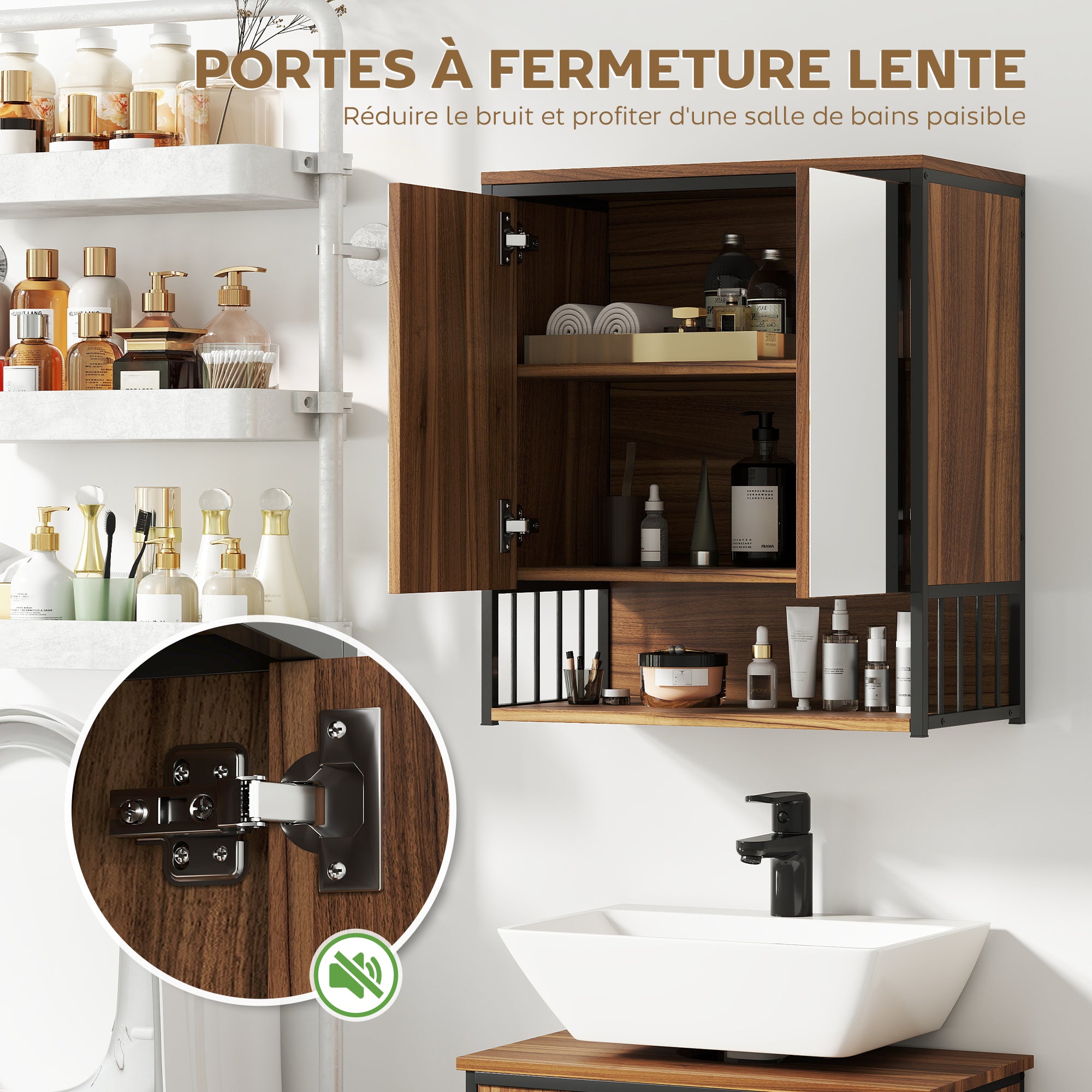 Armoire murale salle de bain avec miroir, 56 x 65 cm, meuble salle de bain, armoire de toilette avec compartiment ouvert, porte à fermeture amortie, marron