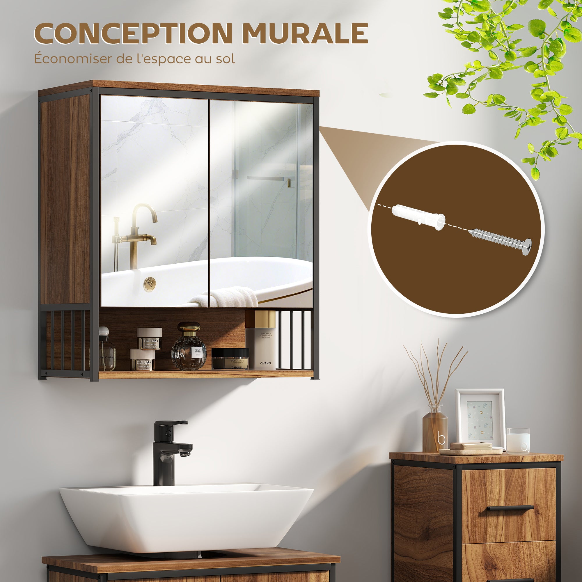 Armoire murale salle de bain avec miroir, 56 x 65 cm, meuble salle de bain, armoire de toilette avec compartiment ouvert, porte à fermeture amortie, marron
