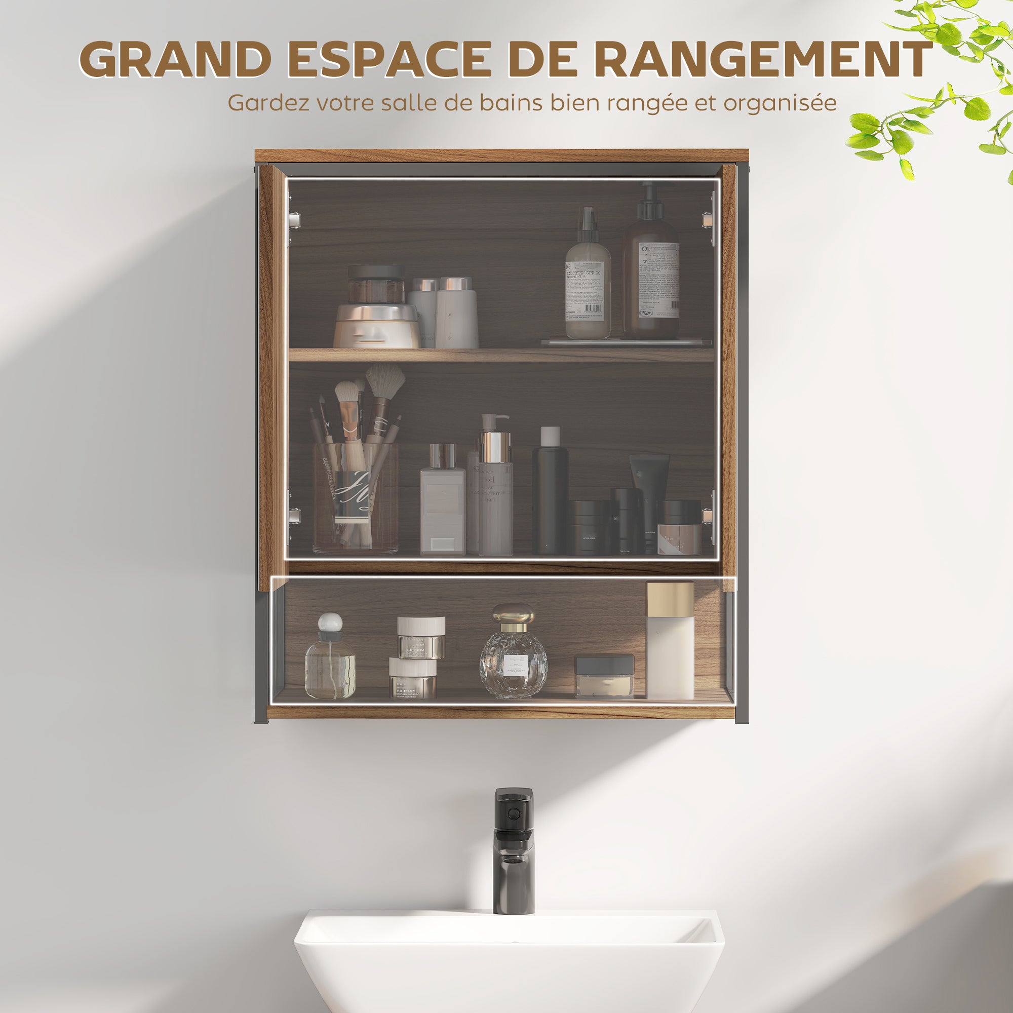 Armoire murale salle de bain avec miroir, 56 x 65 cm, meuble salle de bain, armoire de toilette avec compartiment ouvert, porte à fermeture amortie, marron