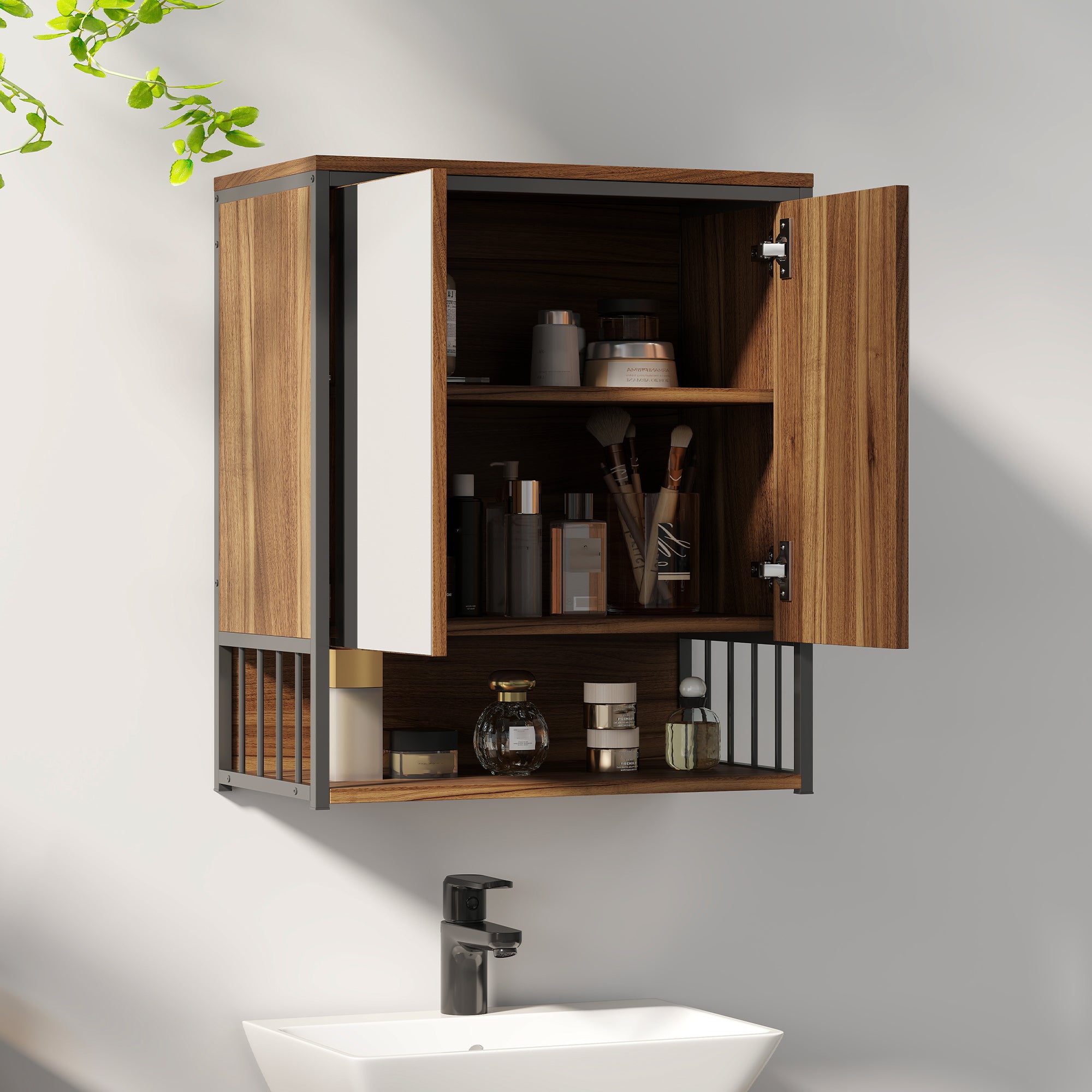 Armoire murale salle de bain avec miroir, 56 x 65 cm, meuble salle de bain, armoire de toilette avec compartiment ouvert, porte à fermeture amortie, marron