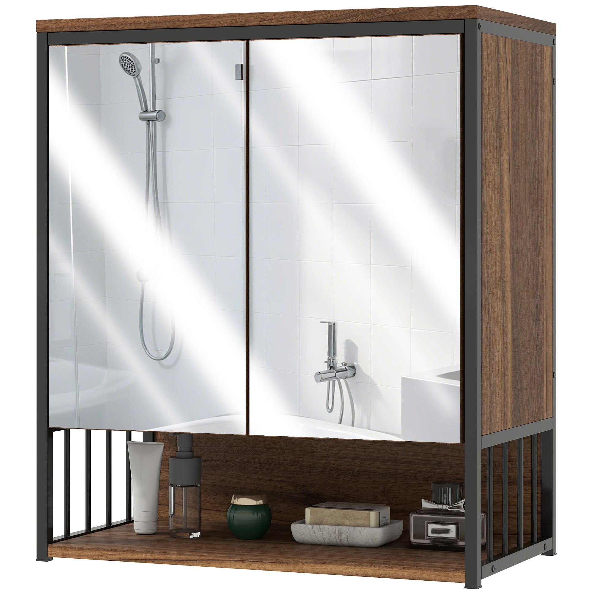 Armoire murale salle de bain avec miroir, 56 x 65 cm, meuble salle de bain, armoire de toilette avec compartiment ouvert, porte à fermeture amortie, marron