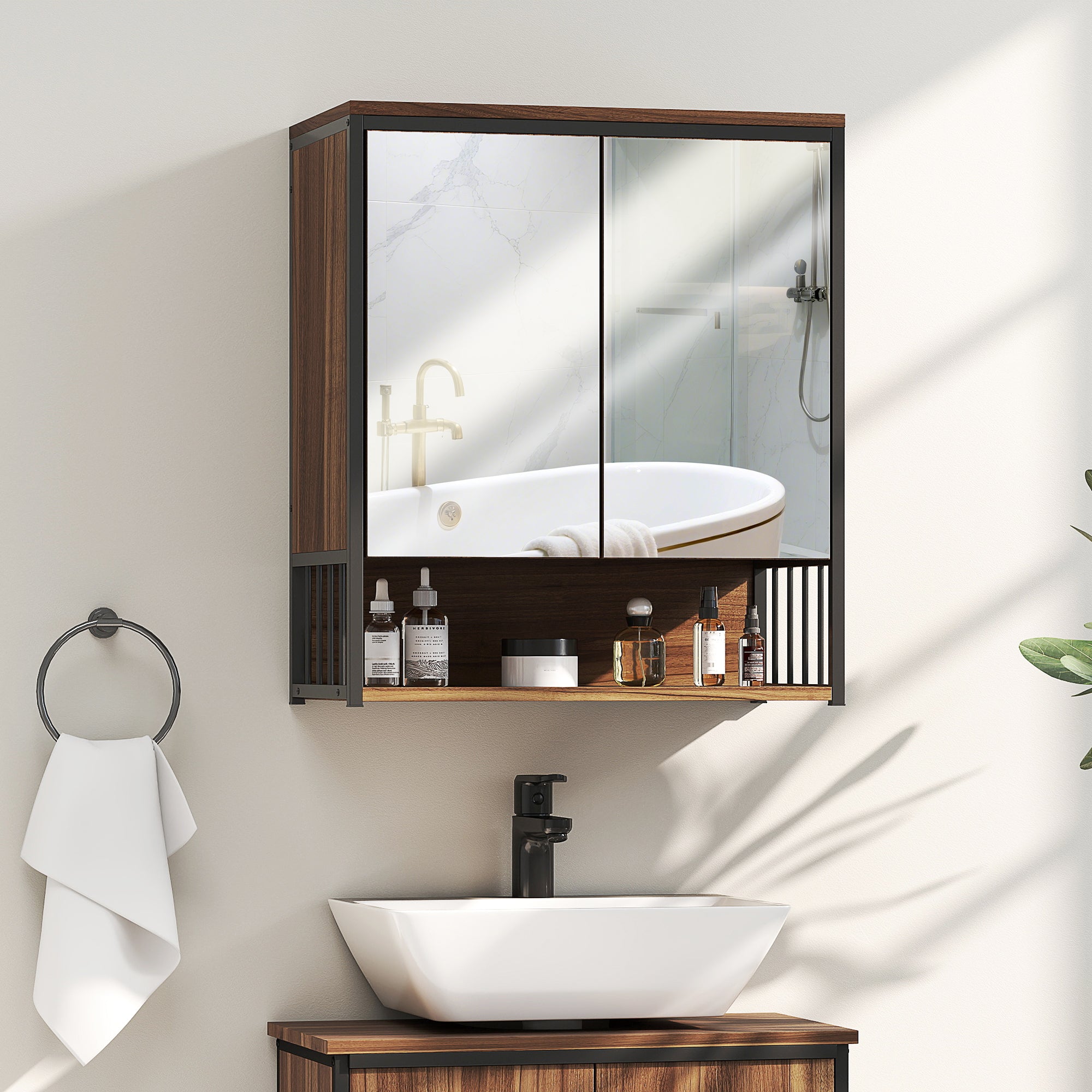 Armoire murale salle de bain avec miroir, 56 x 65 cm, meuble salle de bain, armoire de toilette avec compartiment ouvert, porte à fermeture amortie, marron