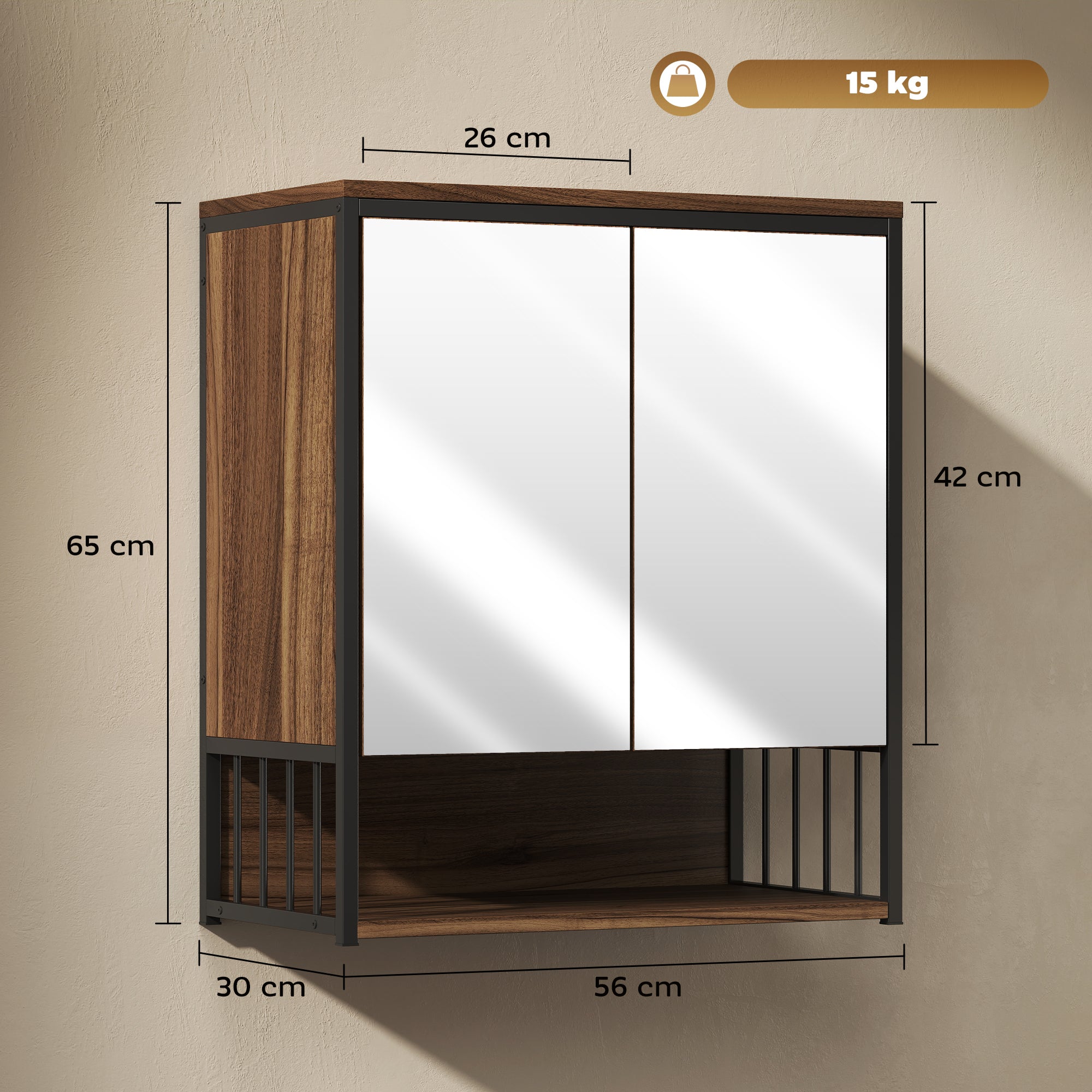 Armoire murale salle de bain avec miroir, 56 x 65 cm, meuble salle de bain, armoire de toilette avec compartiment ouvert, porte à fermeture amortie, marron